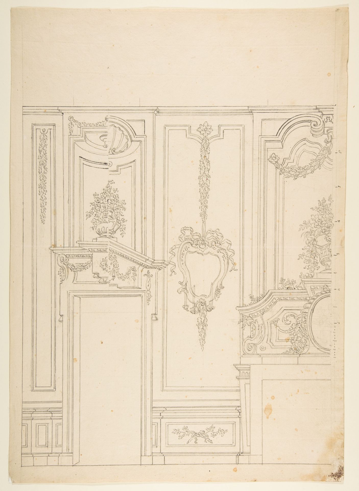 Design for a Wall Elevation with Halved Alternate Designs for the Doorway (recto); Designs for a Quarter of a Ceiling, Design for a Wall Elevation (verso) by Leonardo Marini