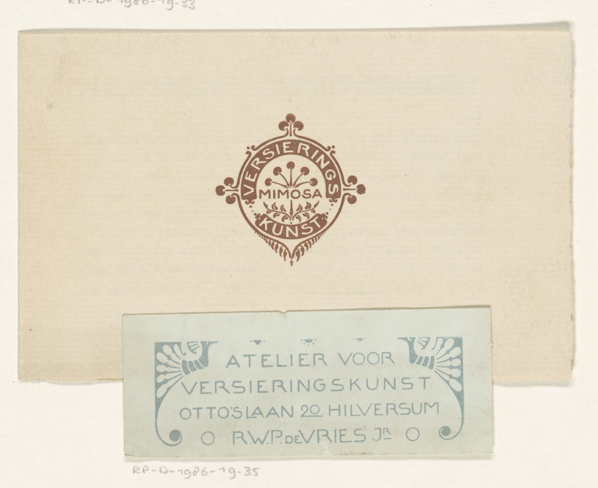 Reclamekaart voor Atelier voor Versieringskunst Mimosa by Reinier Willem Petrus de (1874-1952) Vries