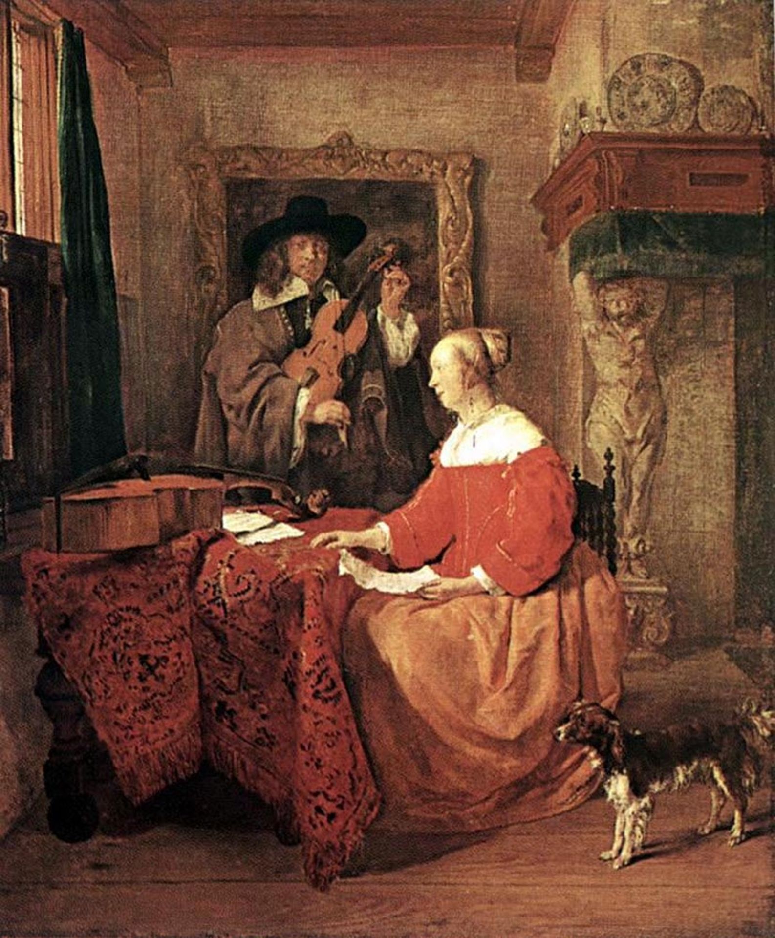 A Woman Seated at a Table and a Man Tuning a Violin by Gabriel Metsu