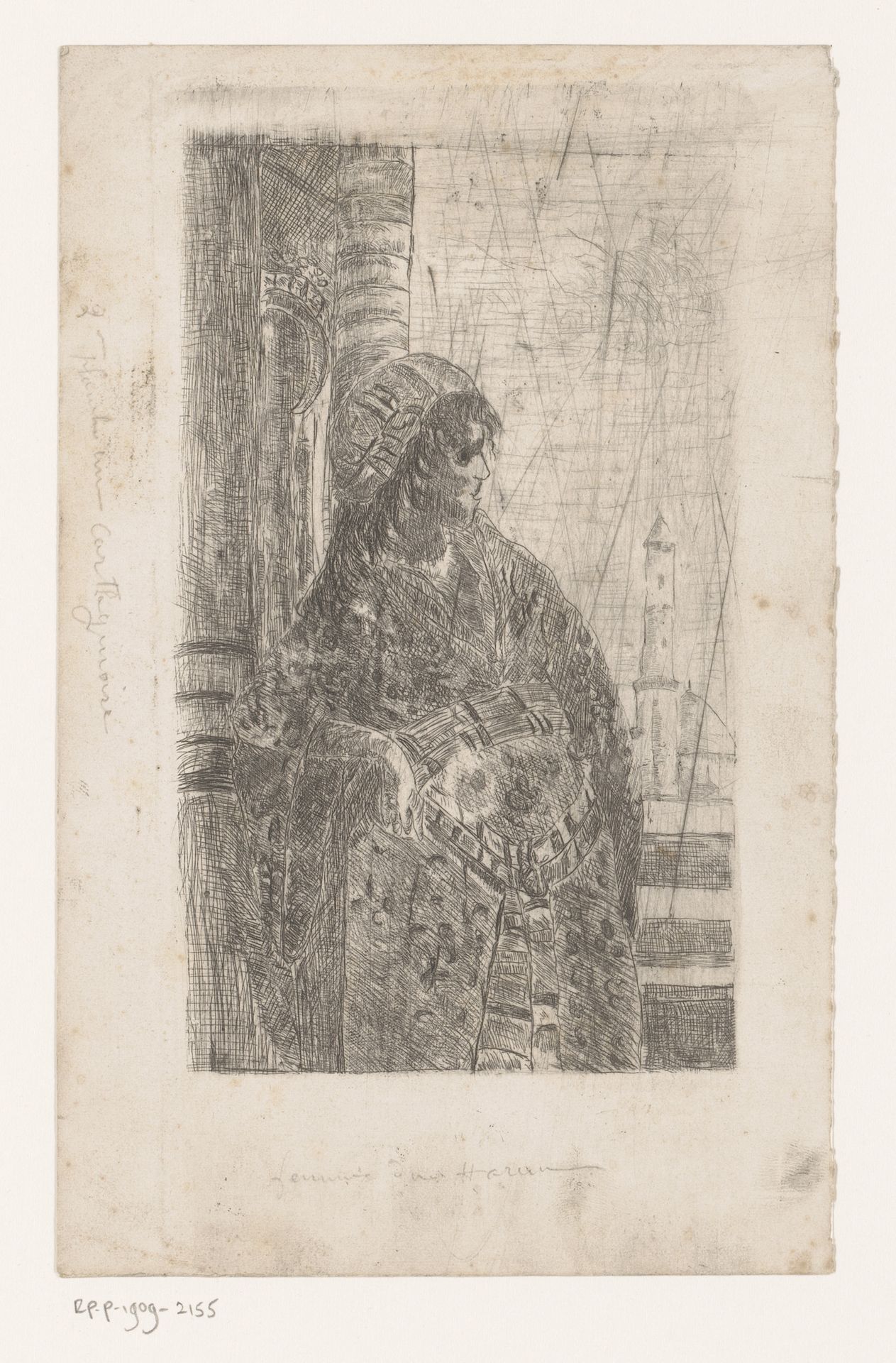 Vrouw op balustrade met moskee op de achtergrond by Vicomte Arthur-Jean Le Bailly d'Inghuem