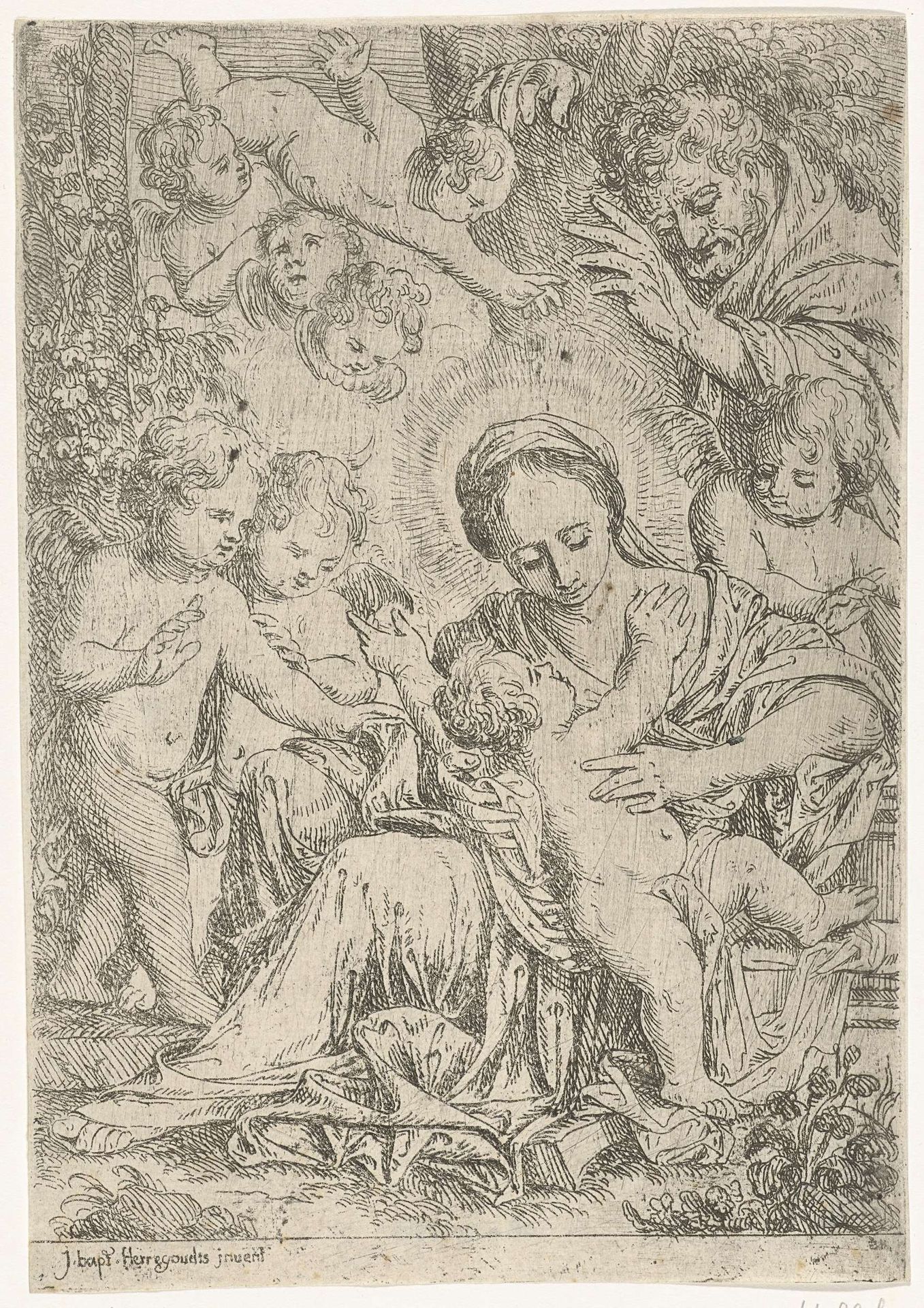 De Heilige Familie met engelen by Jan Baptist Herregouts