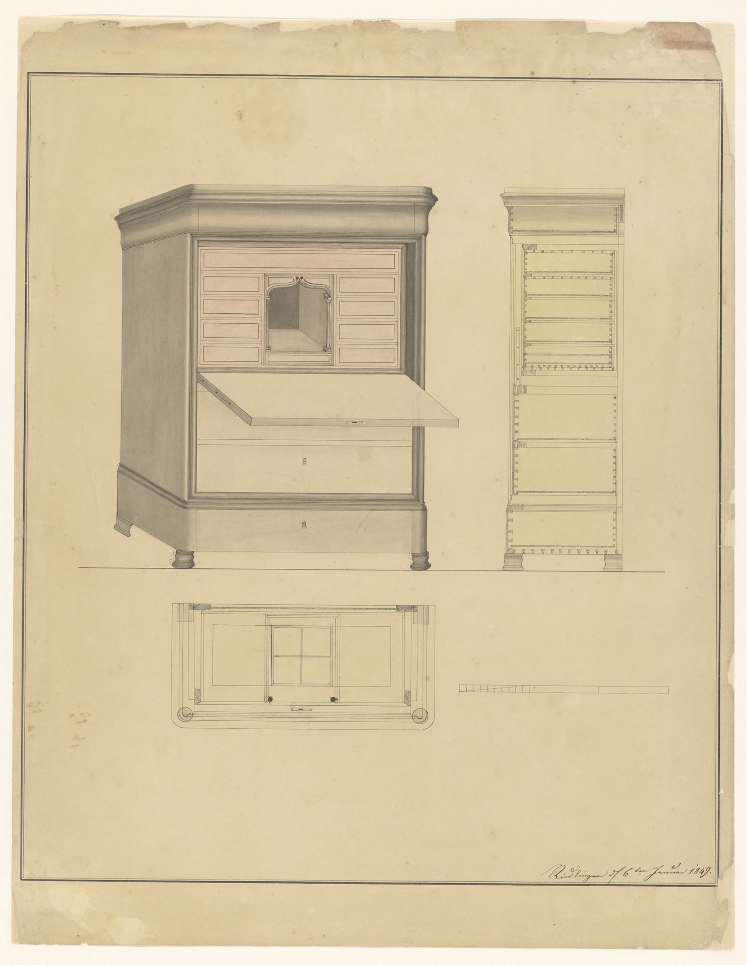 Ontwerp voor een secretaire met plattegrond en zijaanzicht by B. Winghofer