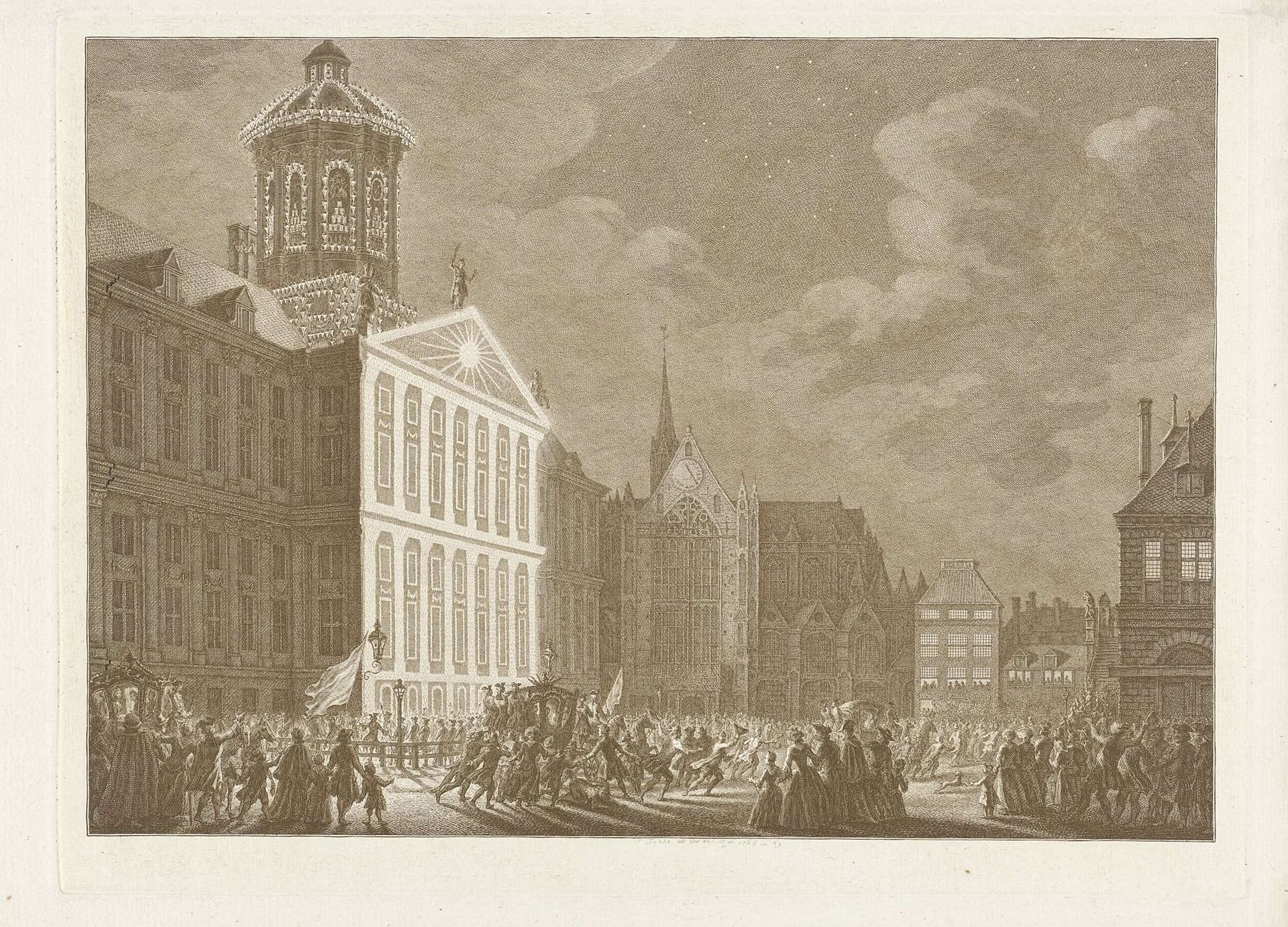 Illuminatie van het stadhuis voor Willem V en Wilhelmina van Pruisen, 1768 by Simon Fokke