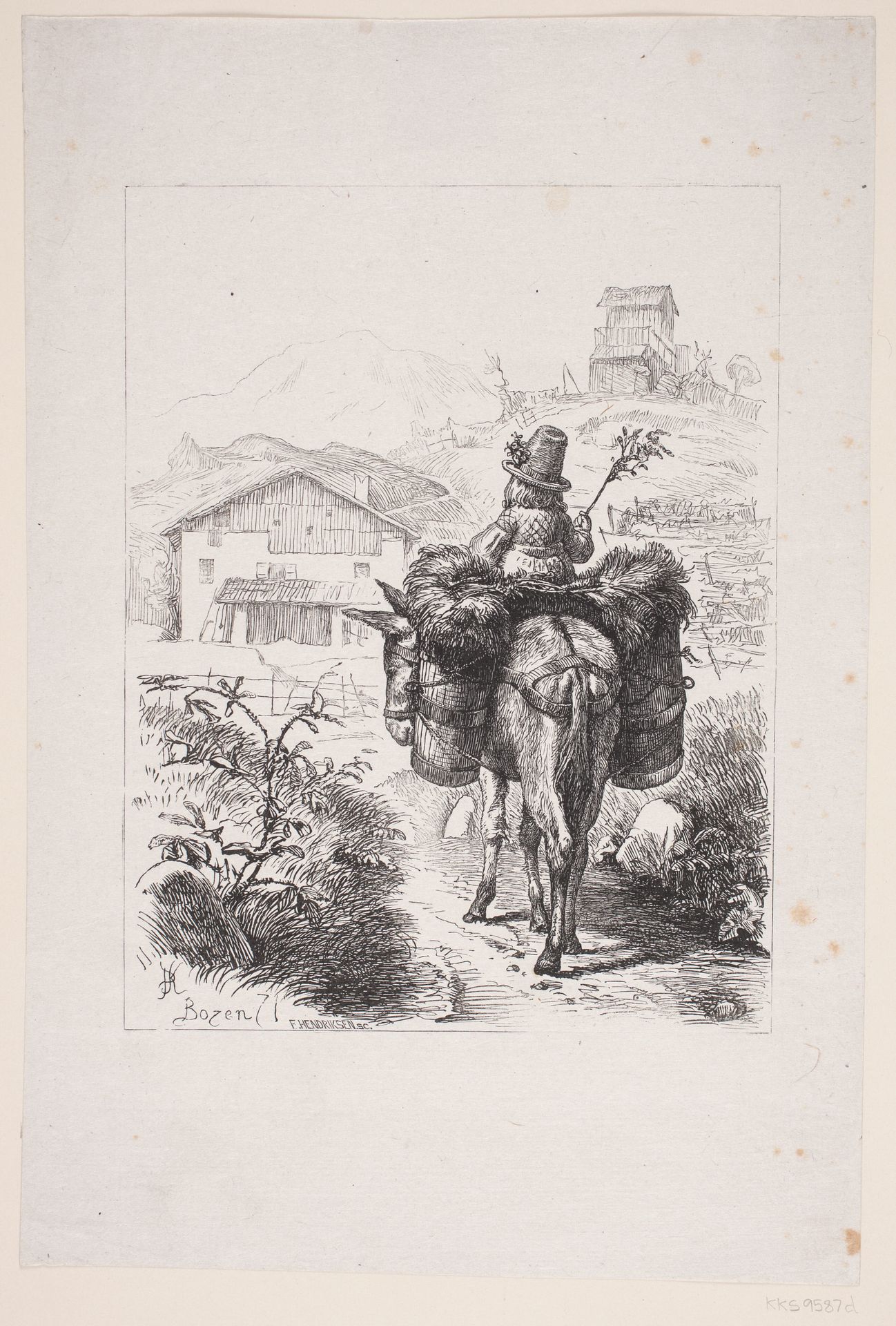 Fra Bozen. En lille Pige ridende på et Pakæsel by F. Hendriksen