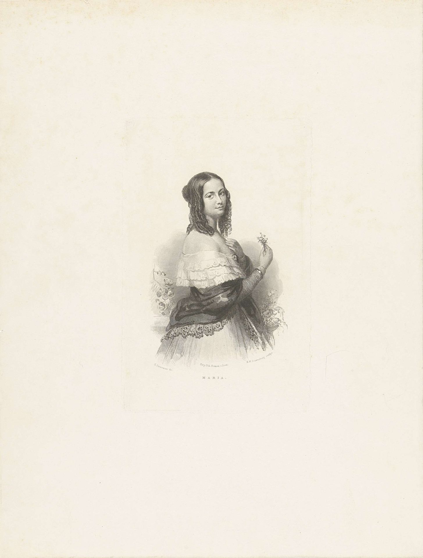 Portret van een jonge dame met een boeketje in haar handen by Henricus Wilhelmus Couwenberg