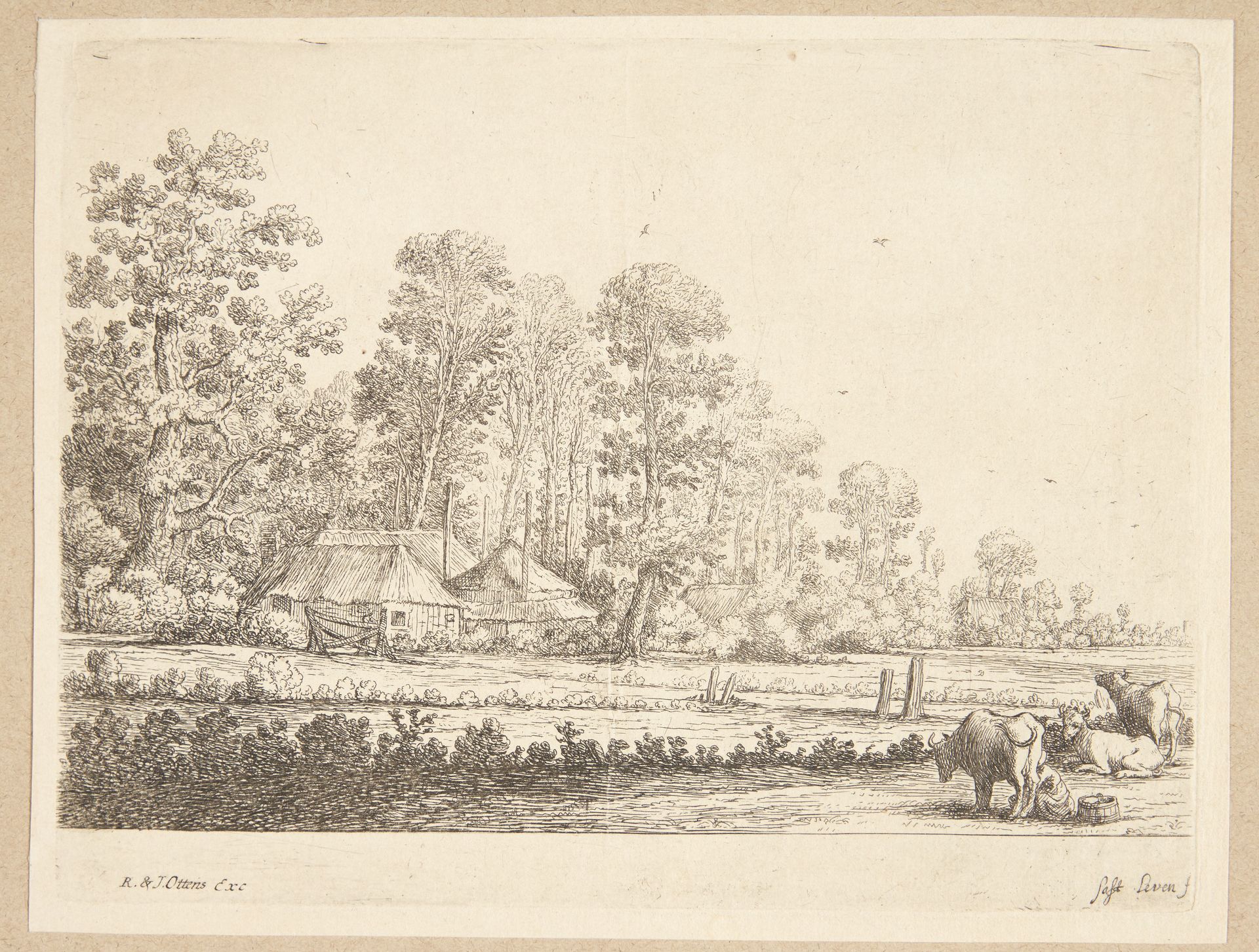 Mark med en pige, der malker en ko, i baggrunden en gård omkranset af træer by Herman Saftleven