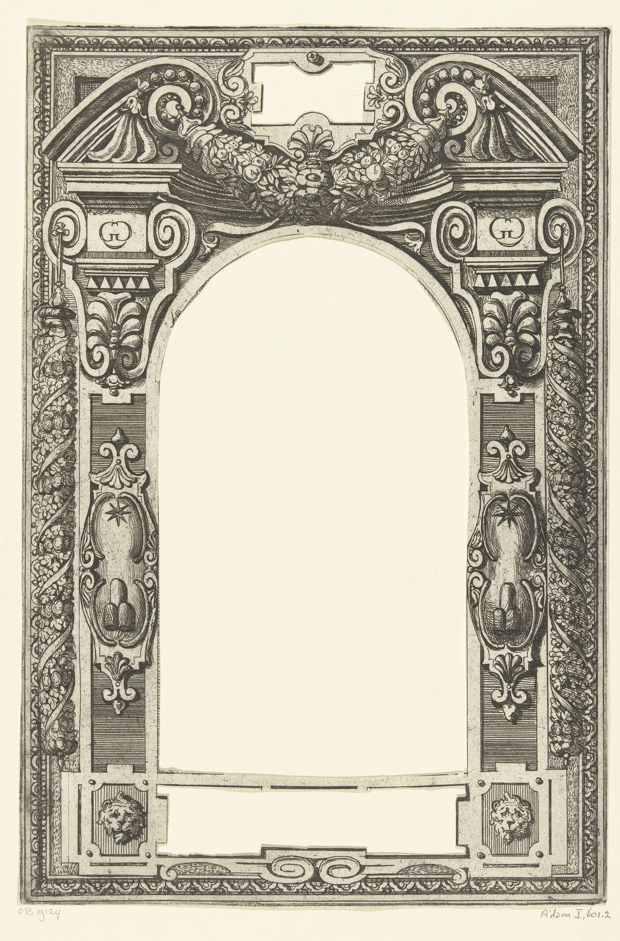 Poort met een gebroken fronton op twee pilasters by Giovanni Guerra
