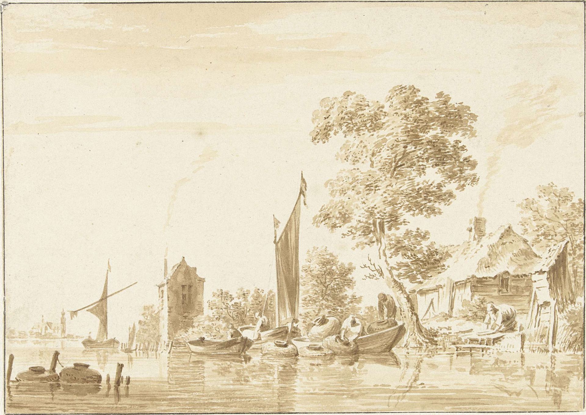 Rivierlandschap met vissers, viskorven en zeilschepen by Cornelis Pronk