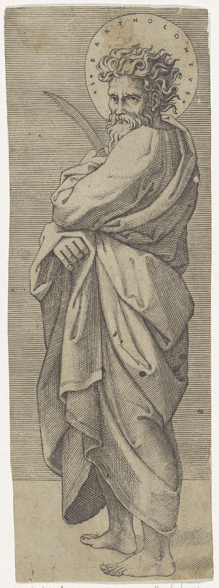 Apostel Bartolomeüs met mes by Marcantonio Raimondi