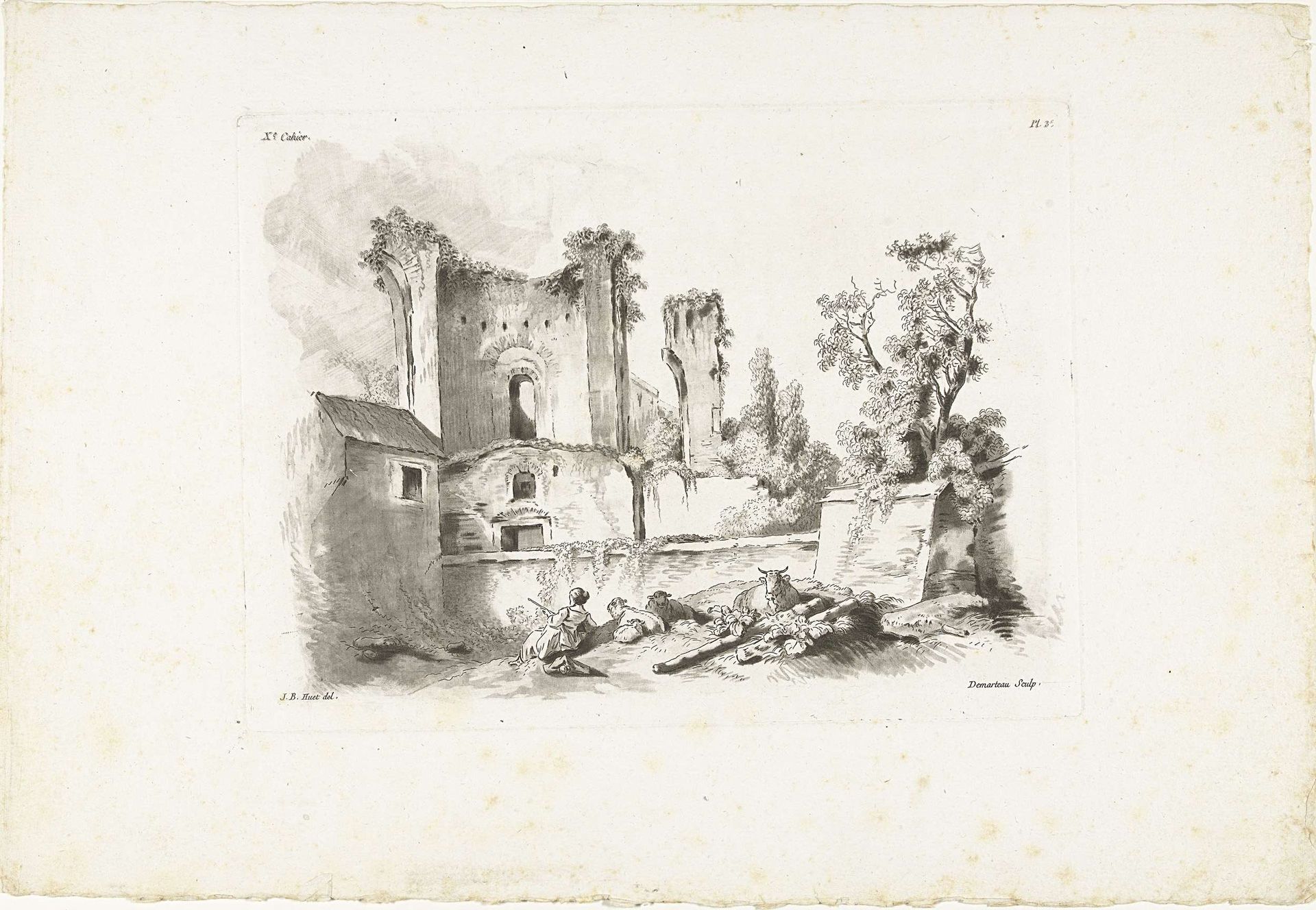 Landschap met ruïne en herderin met vee by Gilles Demarteau