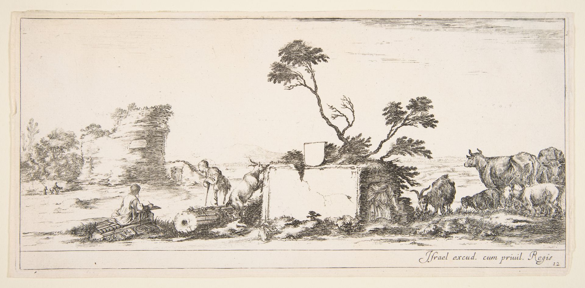 Plate 12: a seated draughtsman to left, a standing shepherd next to him to right, ruins and animals to the right, a tower in ruins to left in the background, from 'Various landscapes' (Divers paysages) by Stefano della Bella