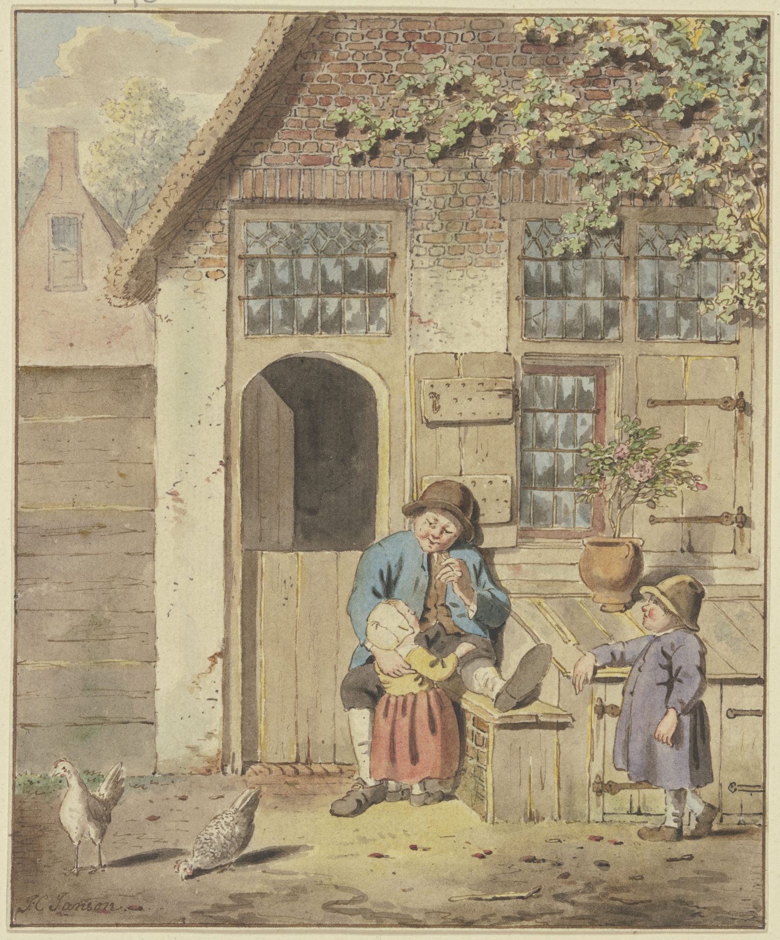 Vor einer Haustür sitzt ein Bauer mit zwei Kindern, dabei zwei Hühner by Johannes Christiaan Janson