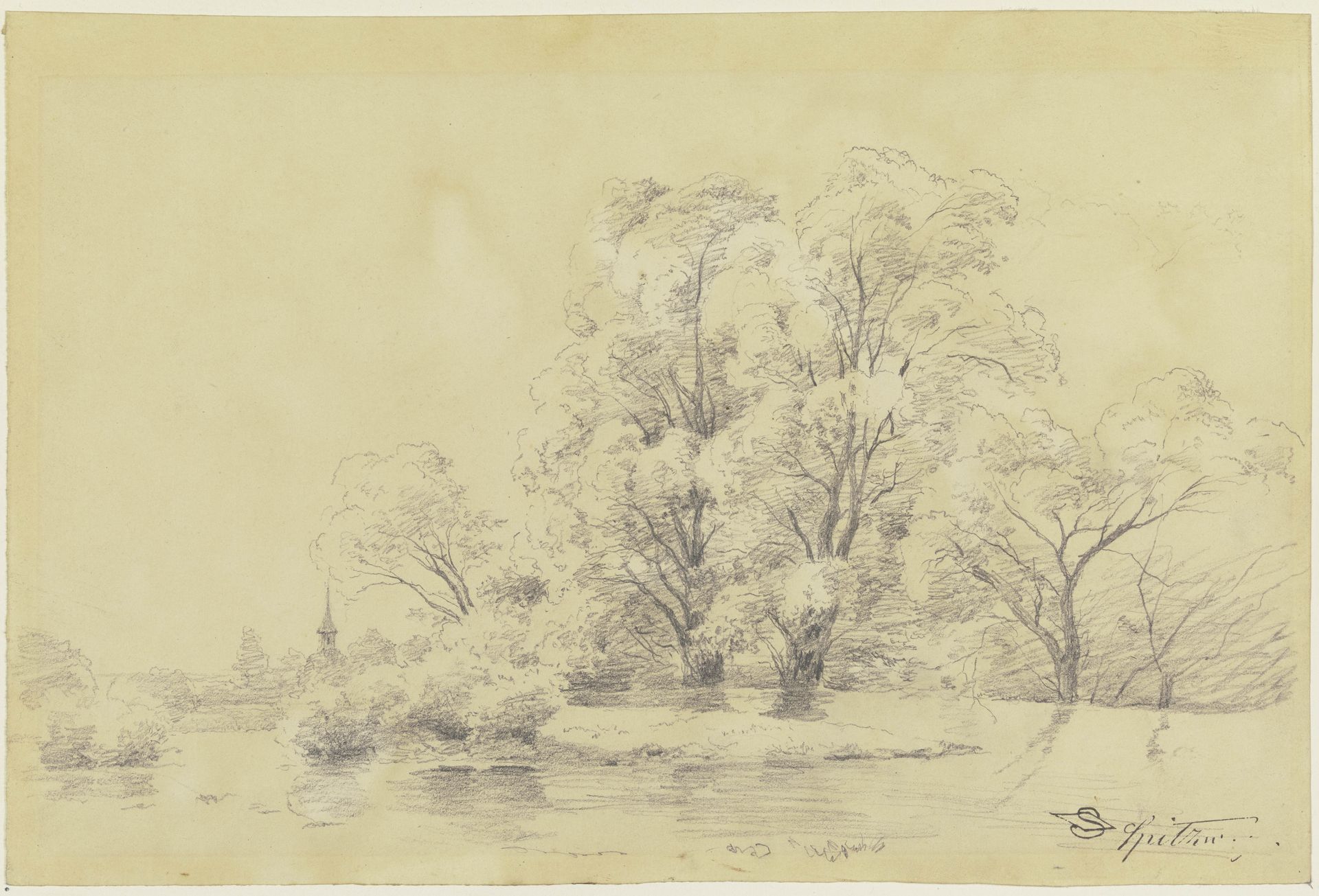 Landschaft mit Bäumen am Wasser, in der Ferne der Turm einer Dorfkirche by Carl Spitzweg