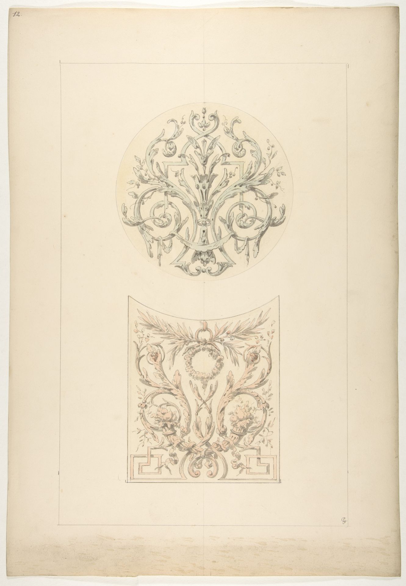 Two designs for decorative motifs featuring cornucopia and rinceaux by Jules-Edmond-Charles Lachaise