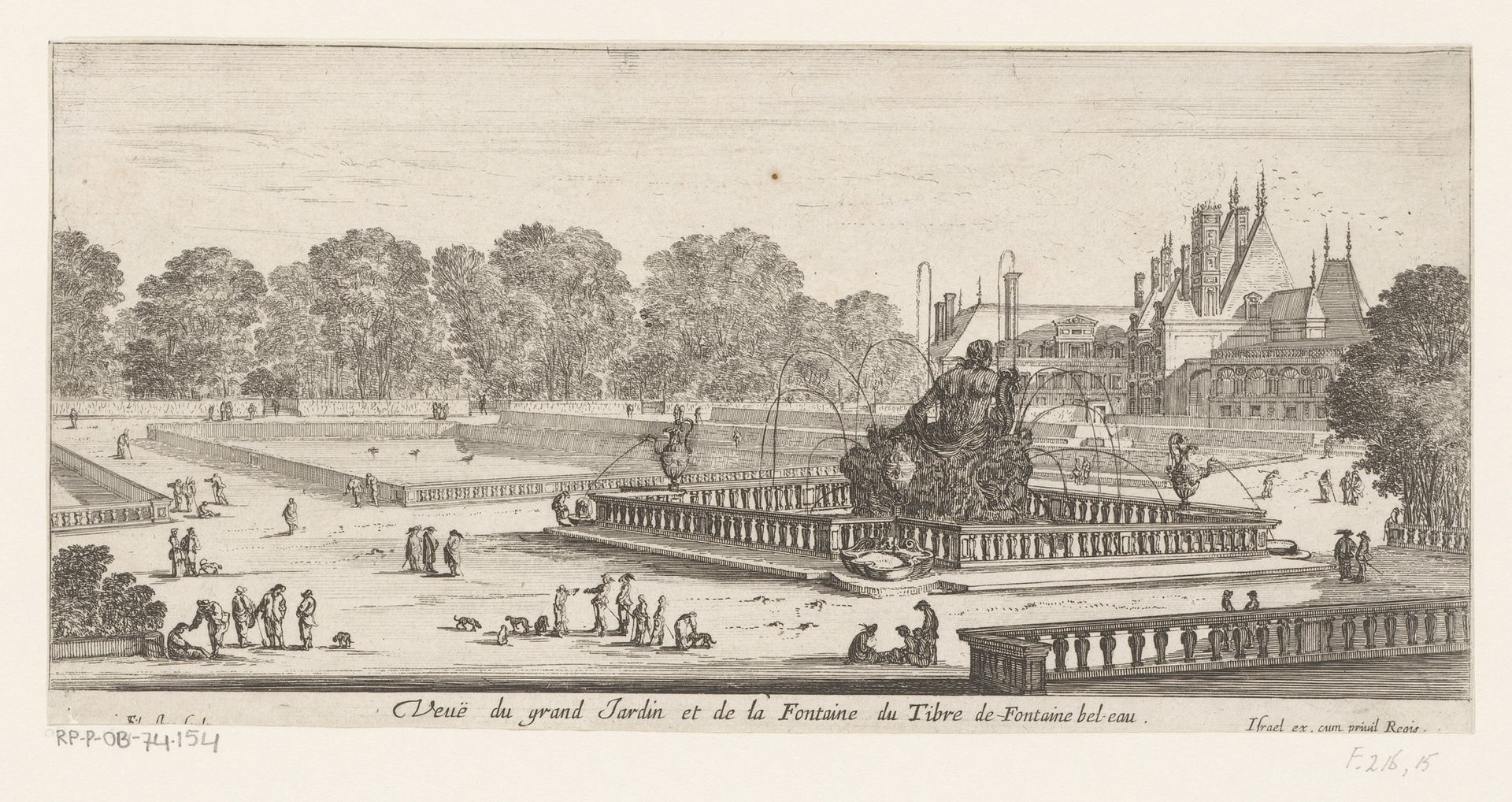 Gezicht op de tuinen en Tiberfontein van kasteel Fontainebleau by Israel Silvestre