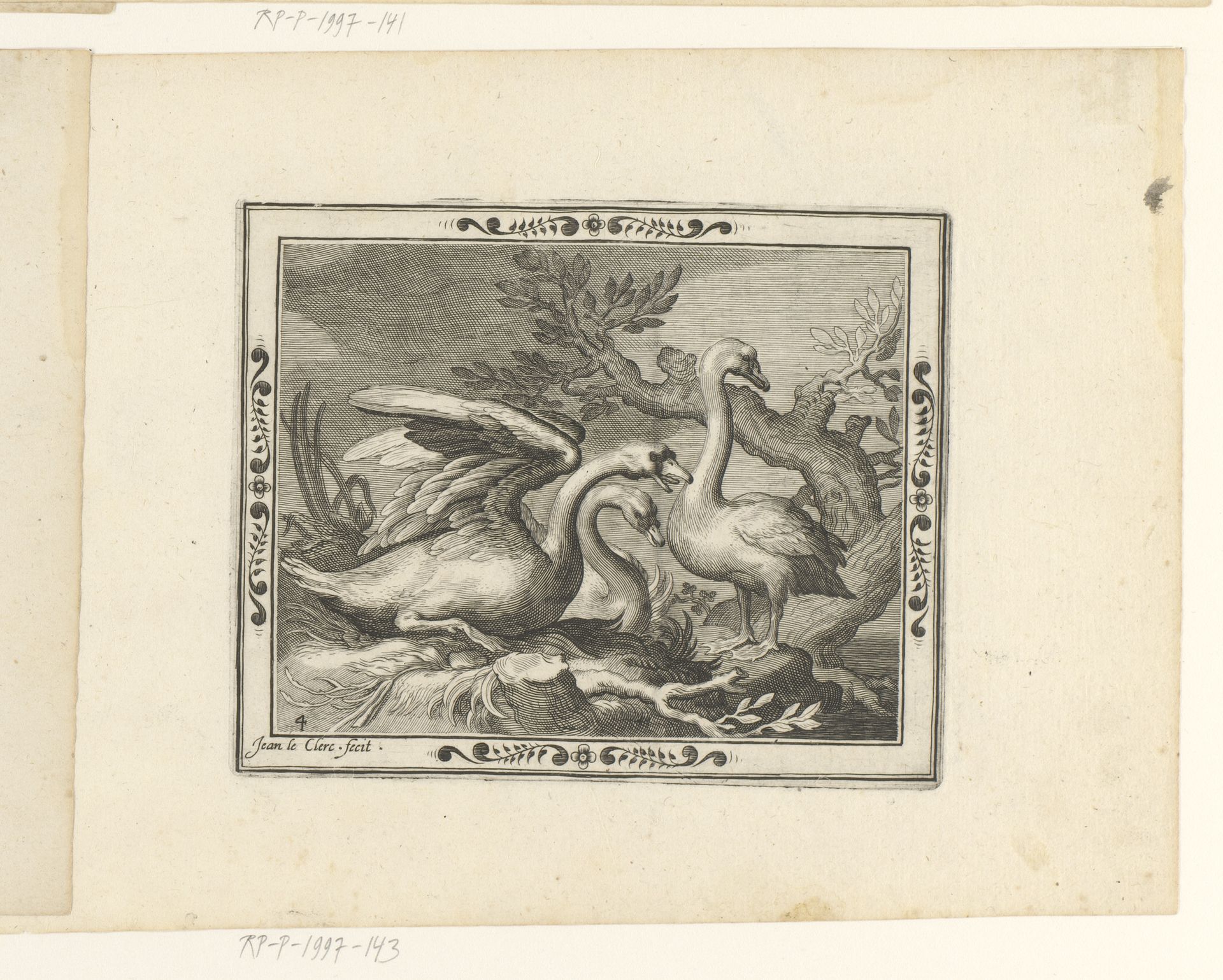 Twee zwanen en hun jong by Jean Leclerc