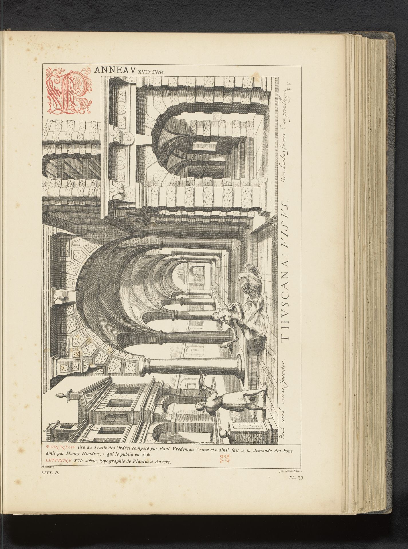Reproductie van Zuilengang met zuilen van de Toscaanse orde en het zintuig zicht, een prent van Hendrick Hondius naar Paul Vredeman de Vries by Anonymous