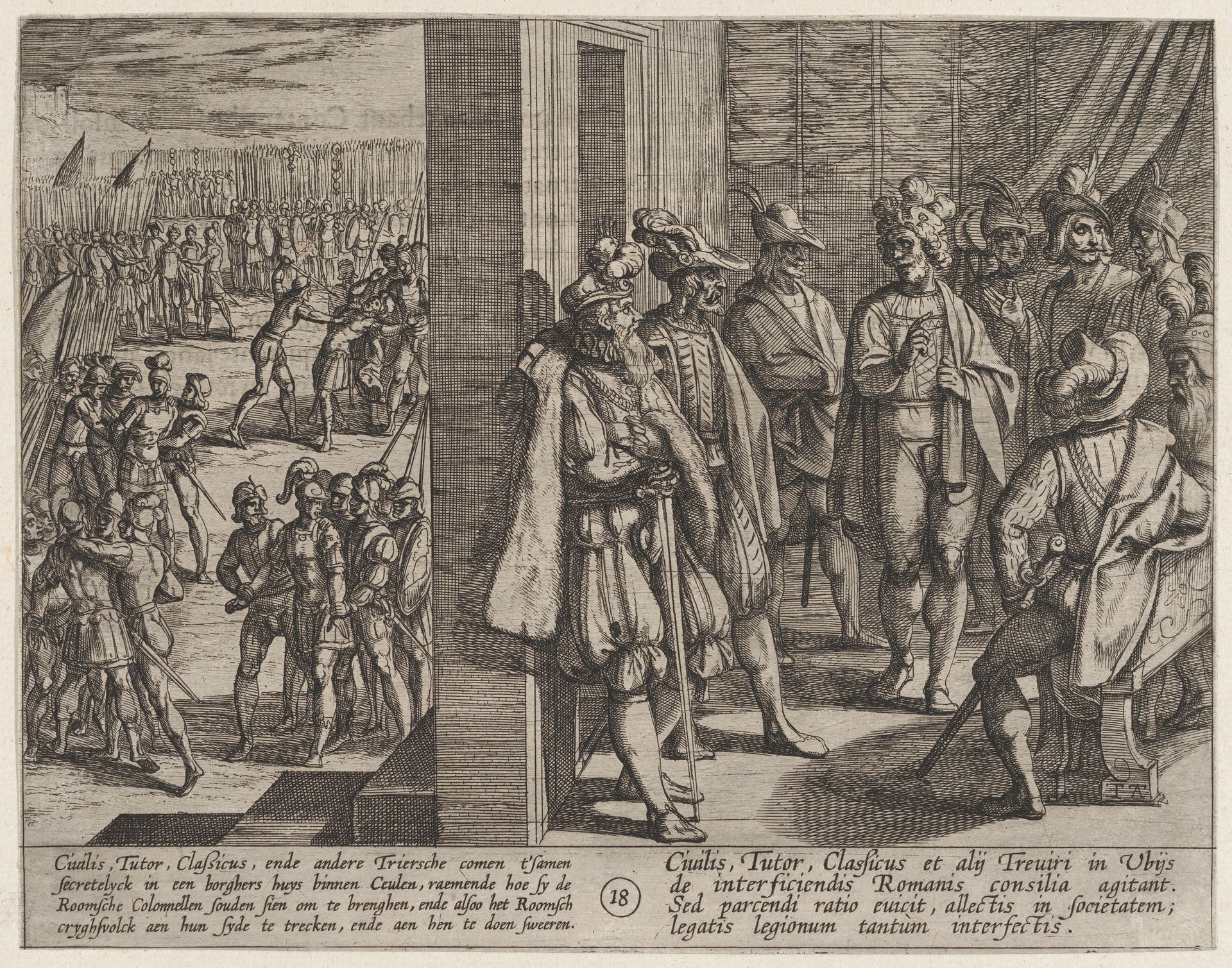 Plate 18: Secret Meeting of Civilis with Other Leaders from Trier, from The War of the Romans Against the Batavians (Romanorvm et Batavorvm societas) by Antonio Tempesta