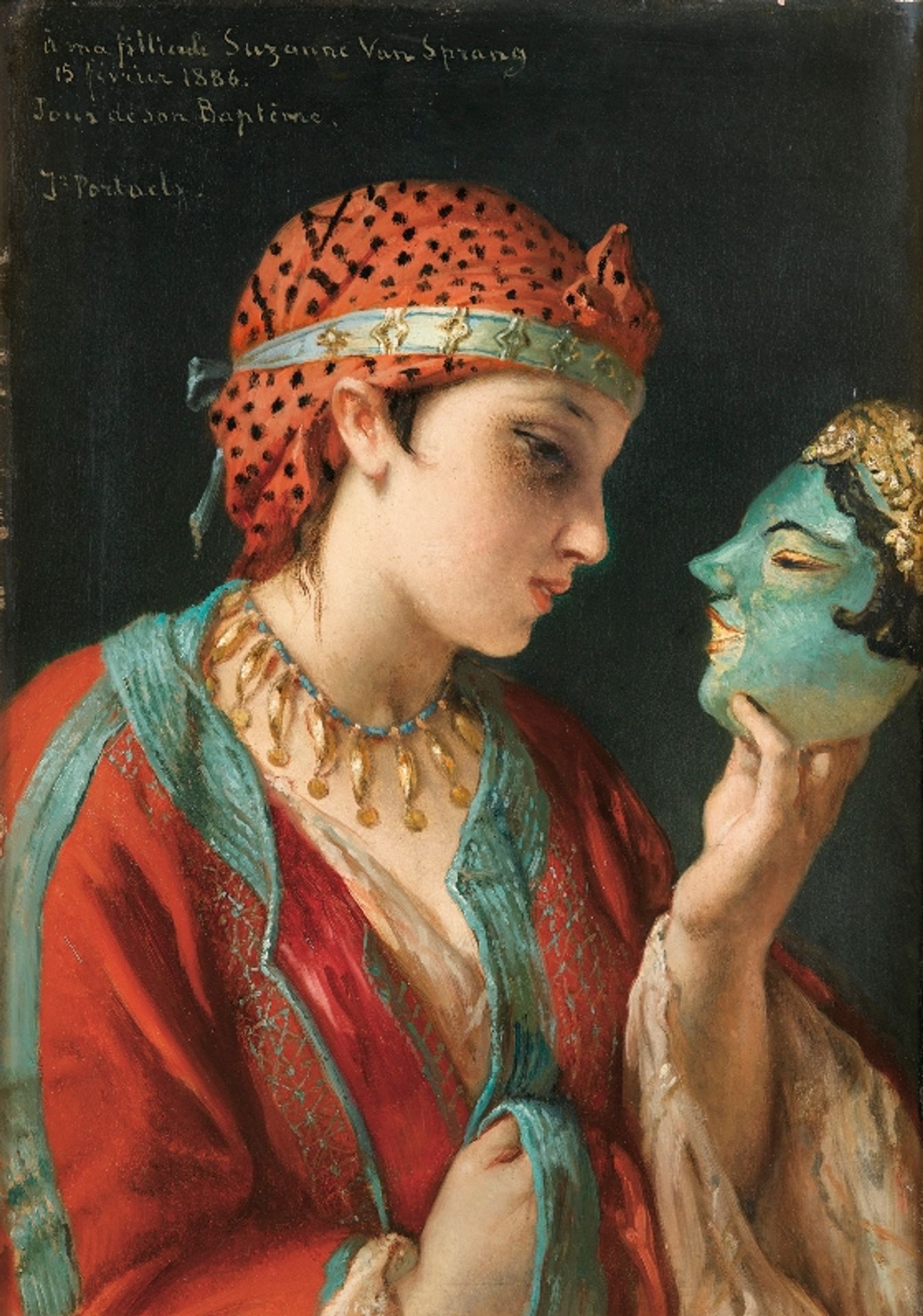 油彩画　「Ｓ．Cｈａｇｎｉｏｌ」作 マスクを持った少女　フランスの画家 Portrait of a Young Girl with a Mask - Jean-François Portaels