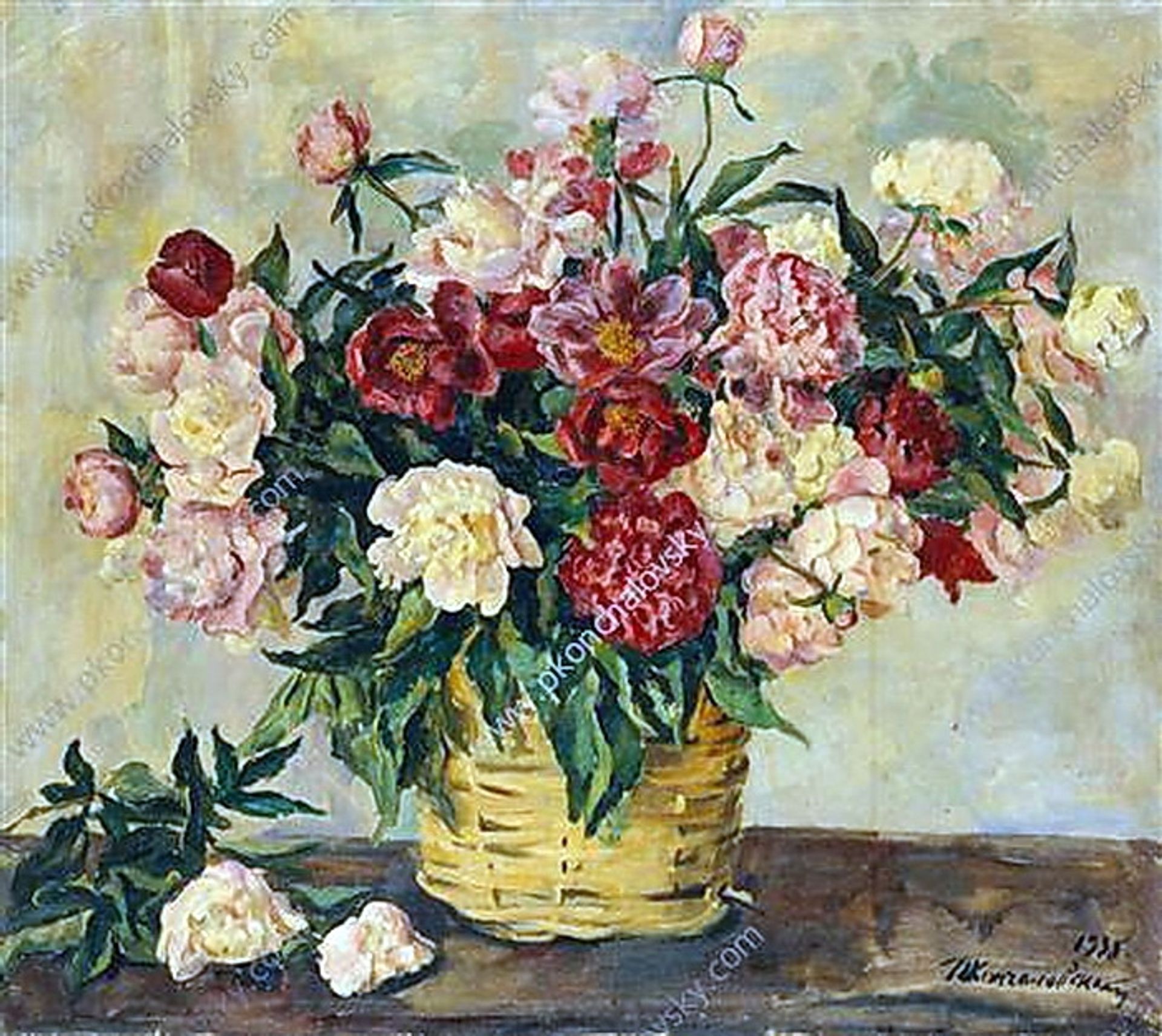 Still Life. Peonies in a basket. by Pyotr Konchalovsky