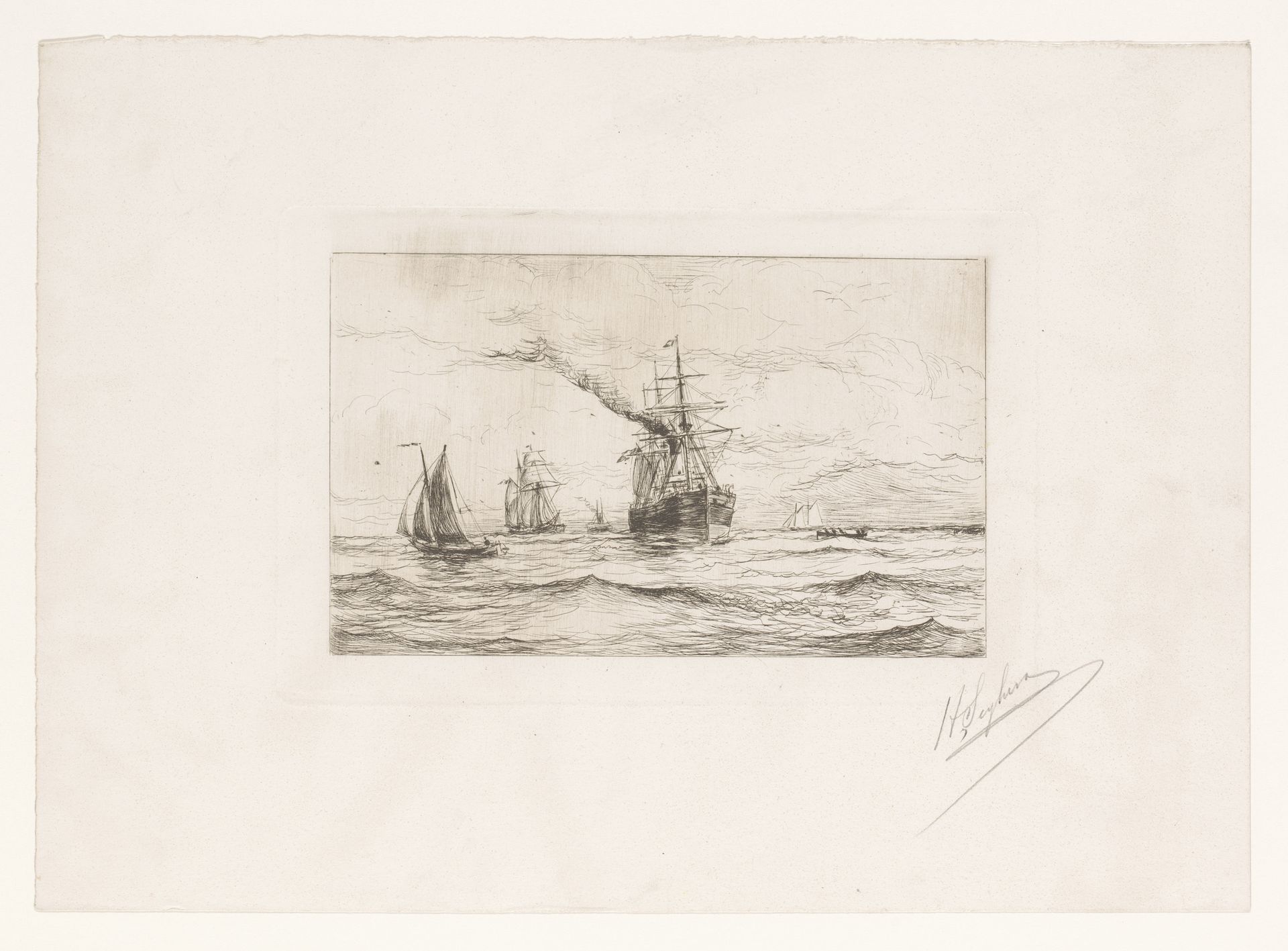 Zeilschepen, een roeiboot, en een zeilstoomschip op open water by Henri Seghers