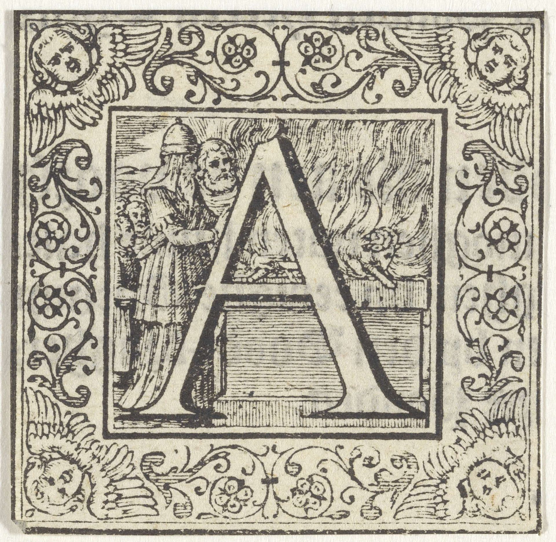 Letter A in een omlijsting met een voorstelling van Abraham die een ram offert in plaats van Isaak by Anonymous