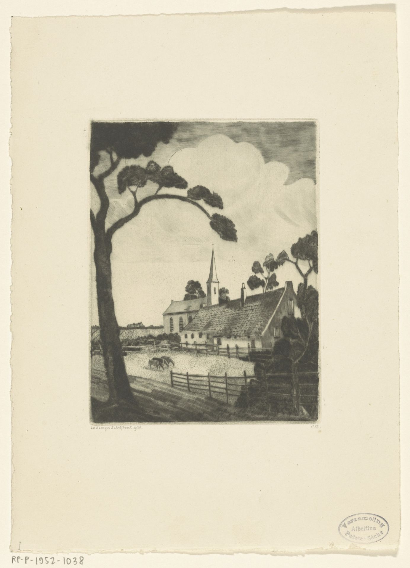 Landschap met kerk en boerderij by Lodewijk Schelfhout