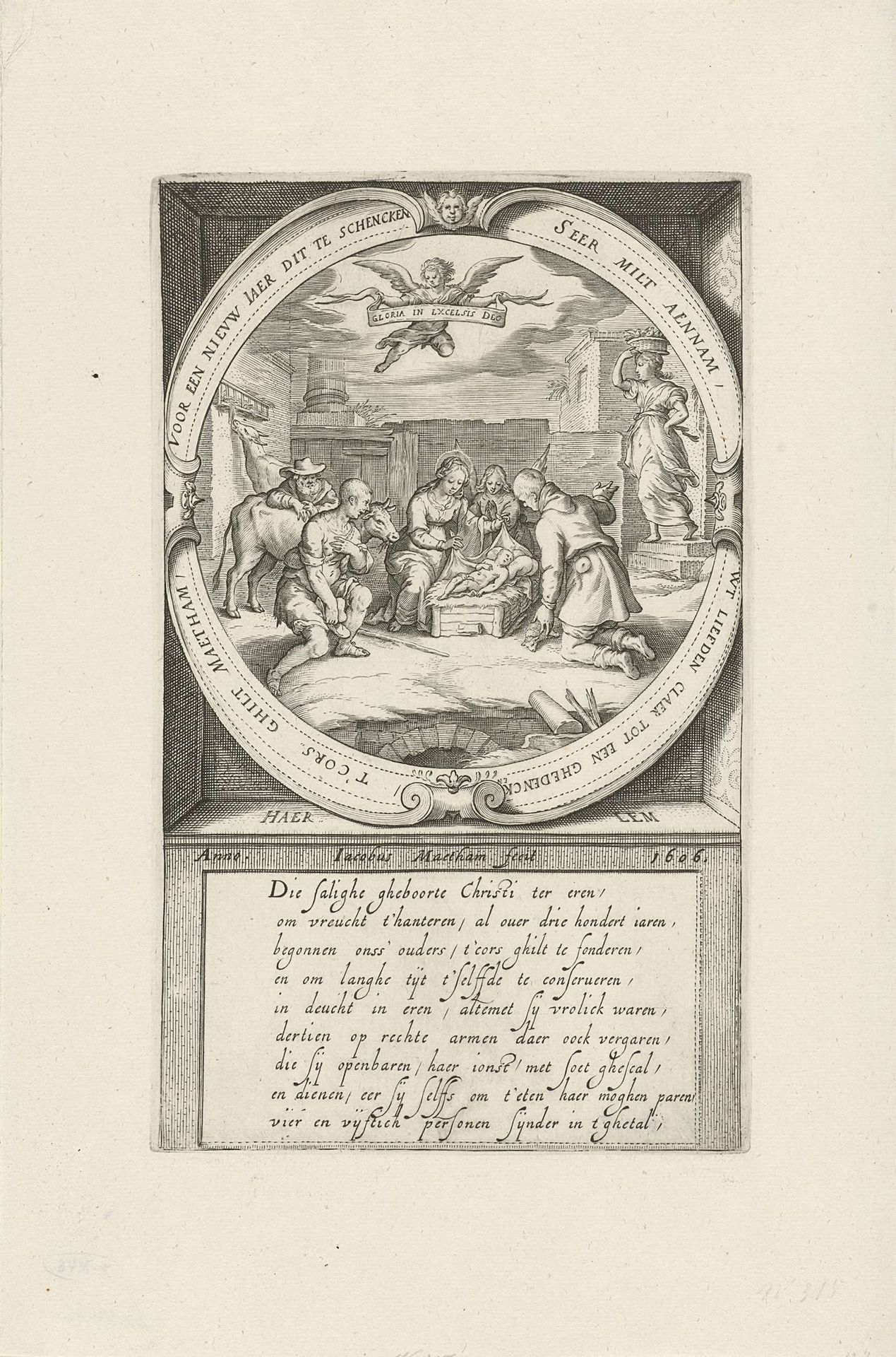 Nieuwjaarsprent met aanbidding der herders by Jacob Matham