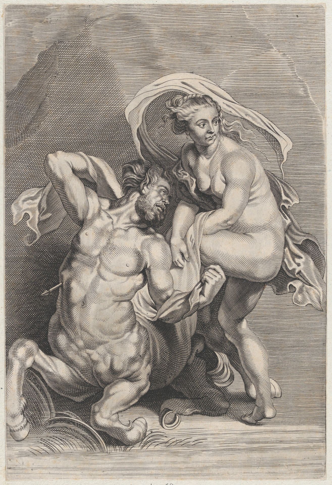 Deianeira receiving the poisoned tunic from Nessus, and the wounded centaur falling to the ground at left by Anonymous