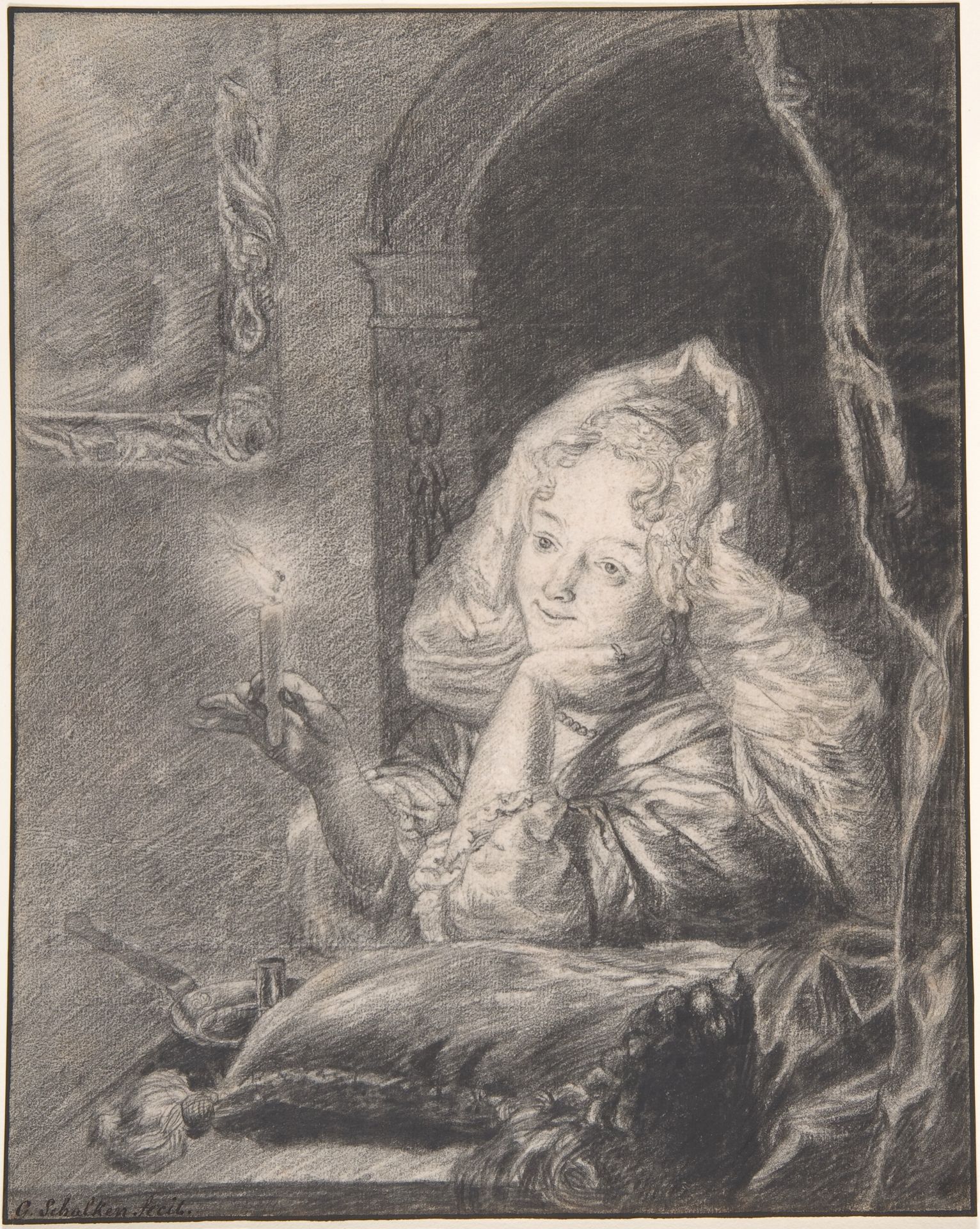 Young Woman Seated at a Table, Holding a Candle by Godfried Schalcken
