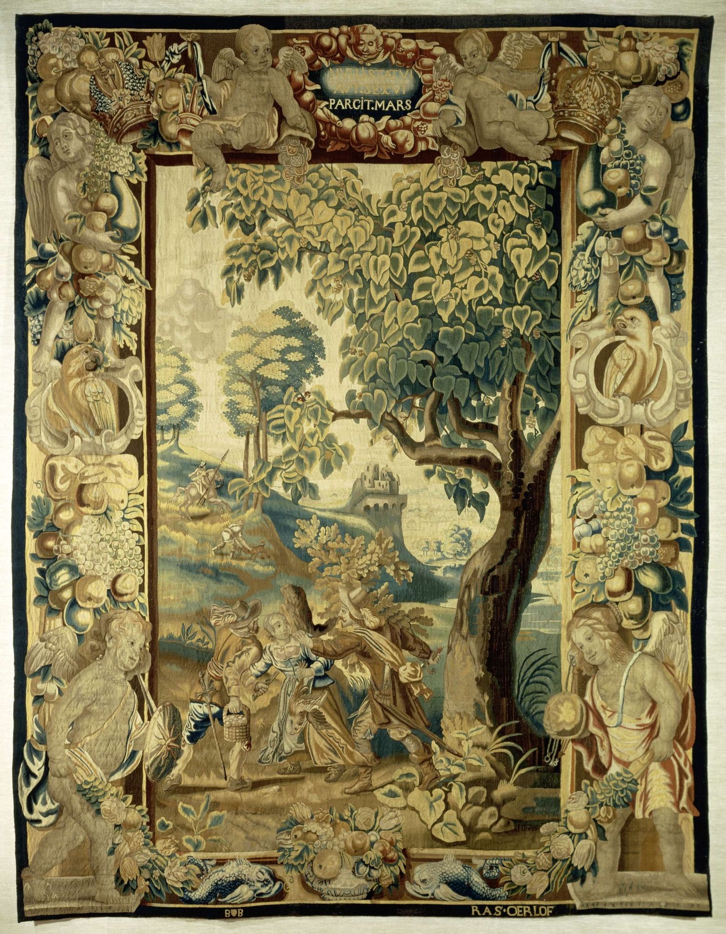 Landschapsverdure met soldaten die een vrouw aanvallen by Erasmus Oorlofs