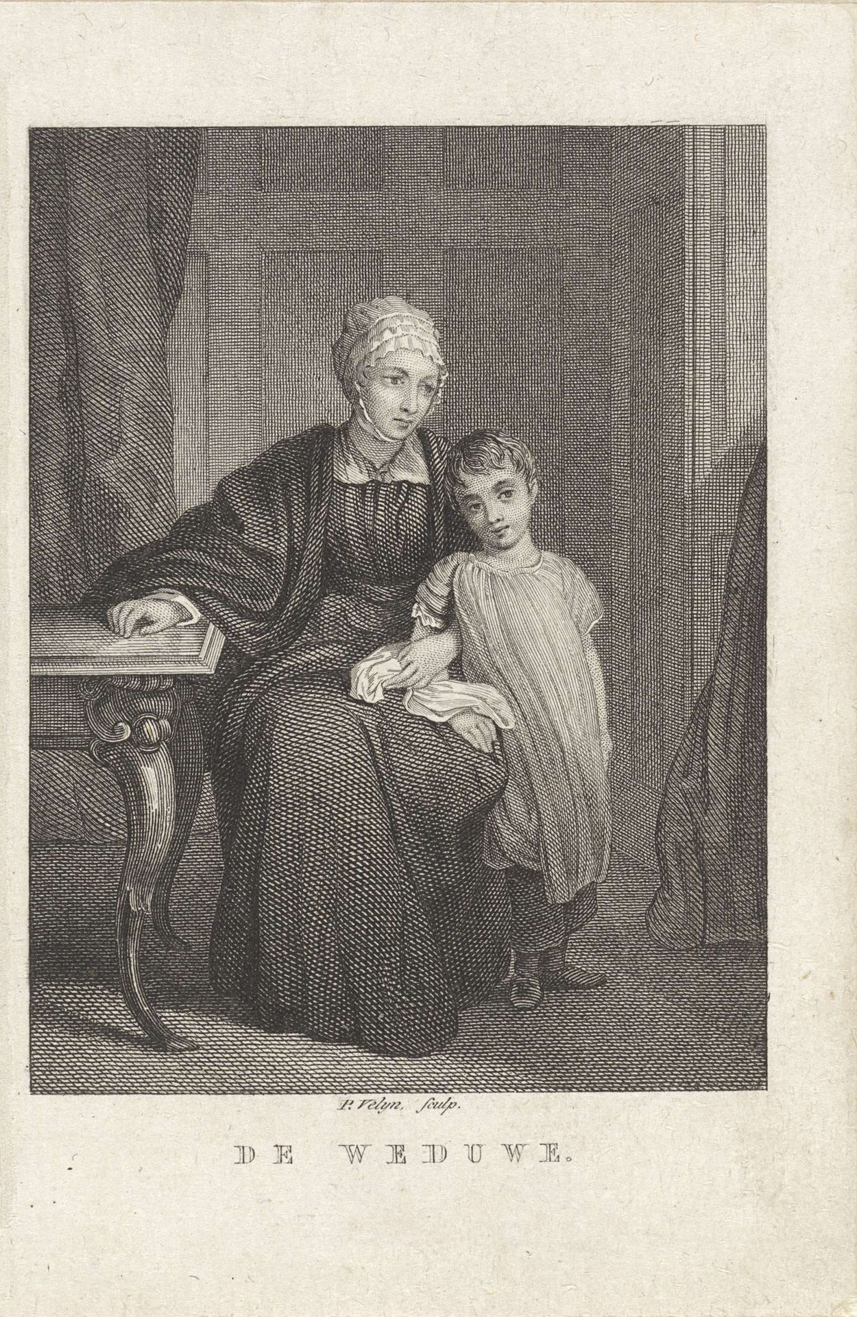 Vrouw met kind bij een tafel in een interieur by Philippus Velijn