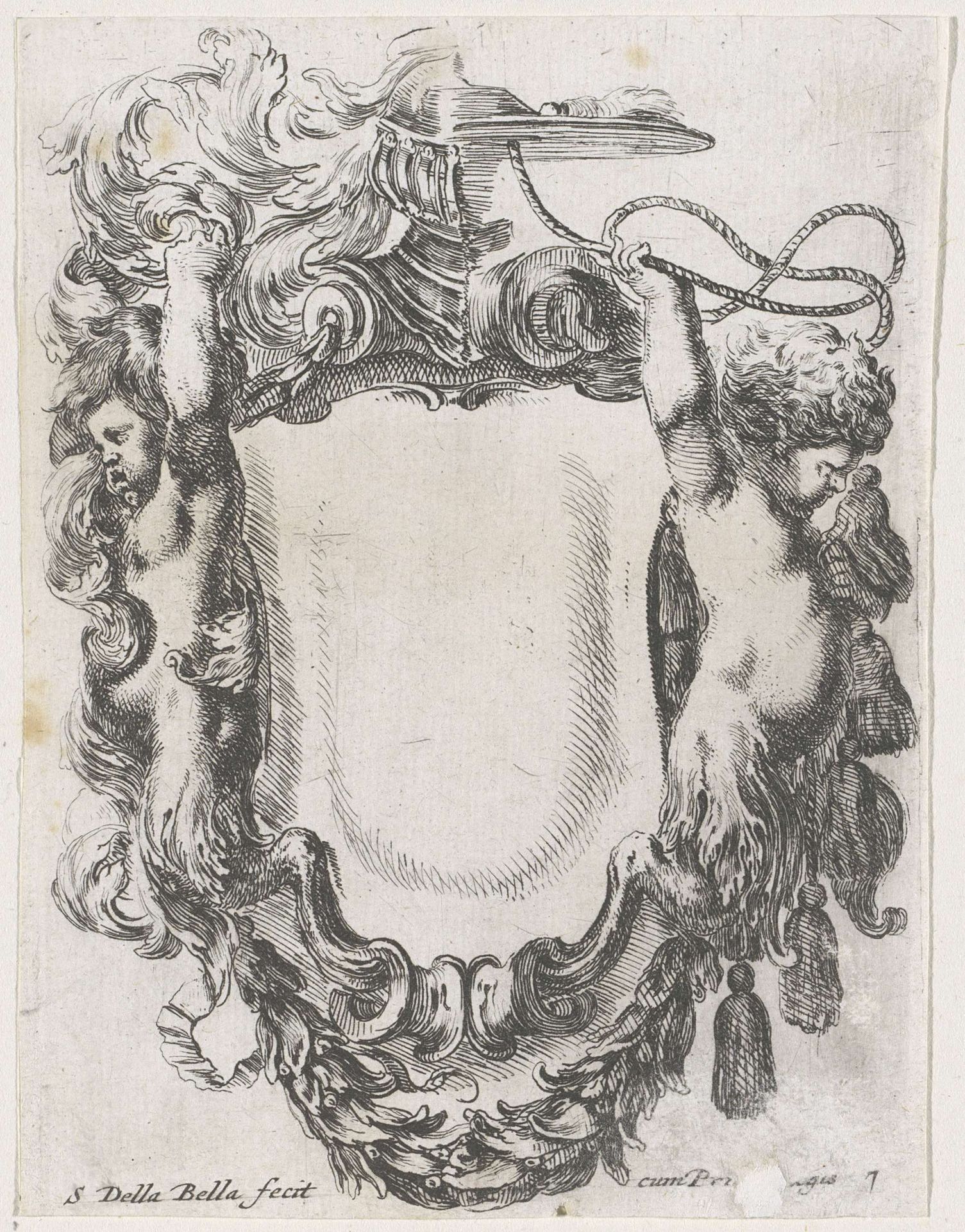 Cartouche met twee jonge saters, een halve kardinaalshoed en een halve helm by Stefano della Bella