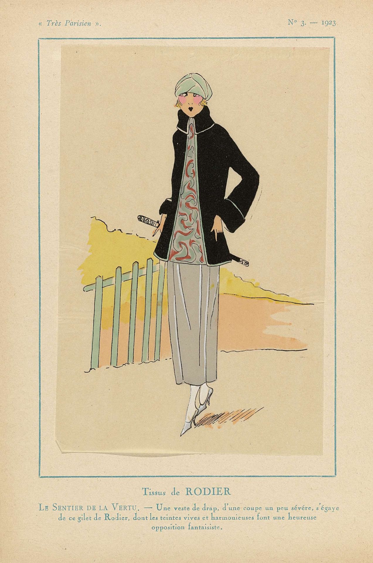 Très Parisien, 1923, No. 3: Tissus de RODIER. Le Sentier de la Vertu. by Anonymous