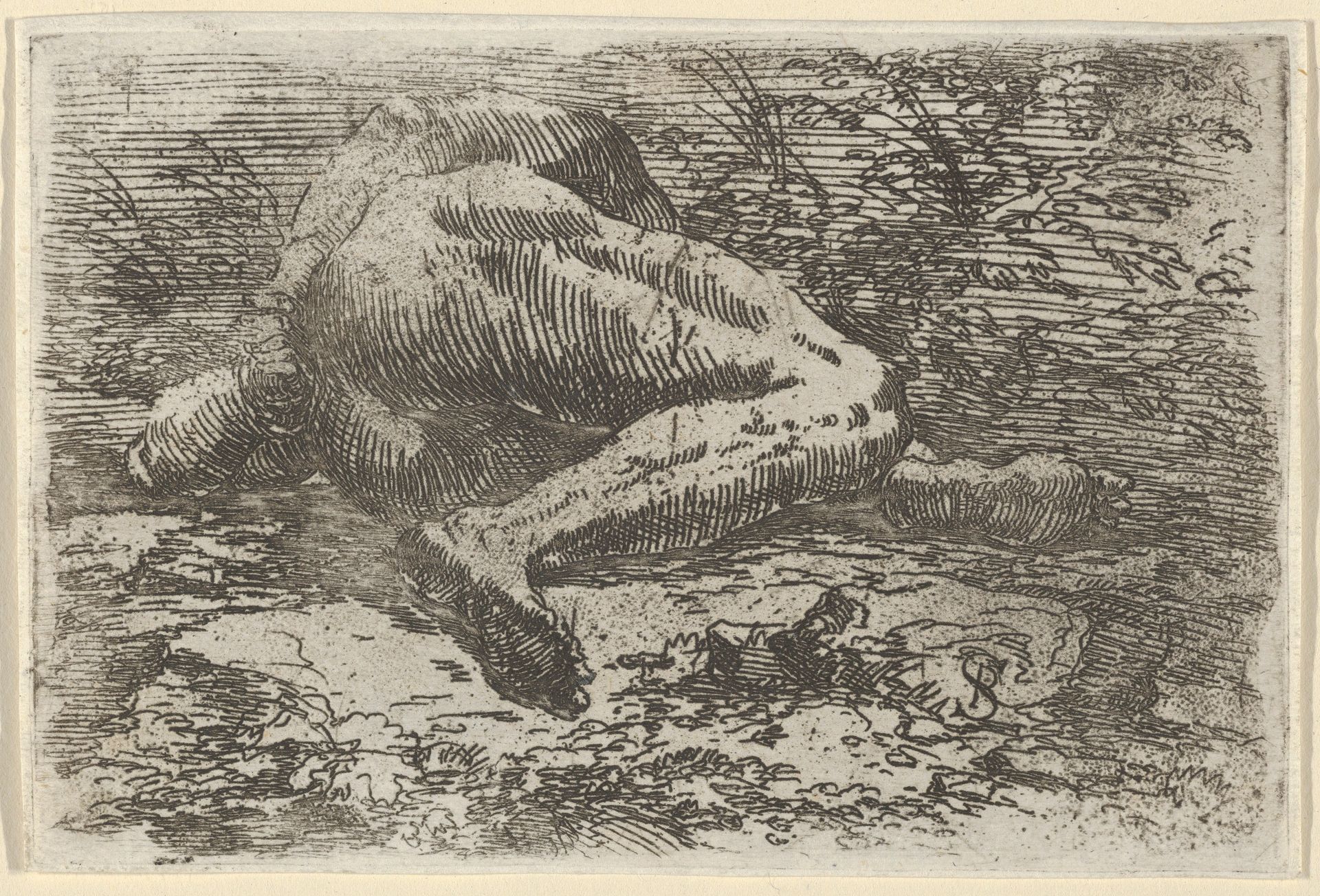 Male nude lying on his side with his right arm behind his back by Salvator Rosa