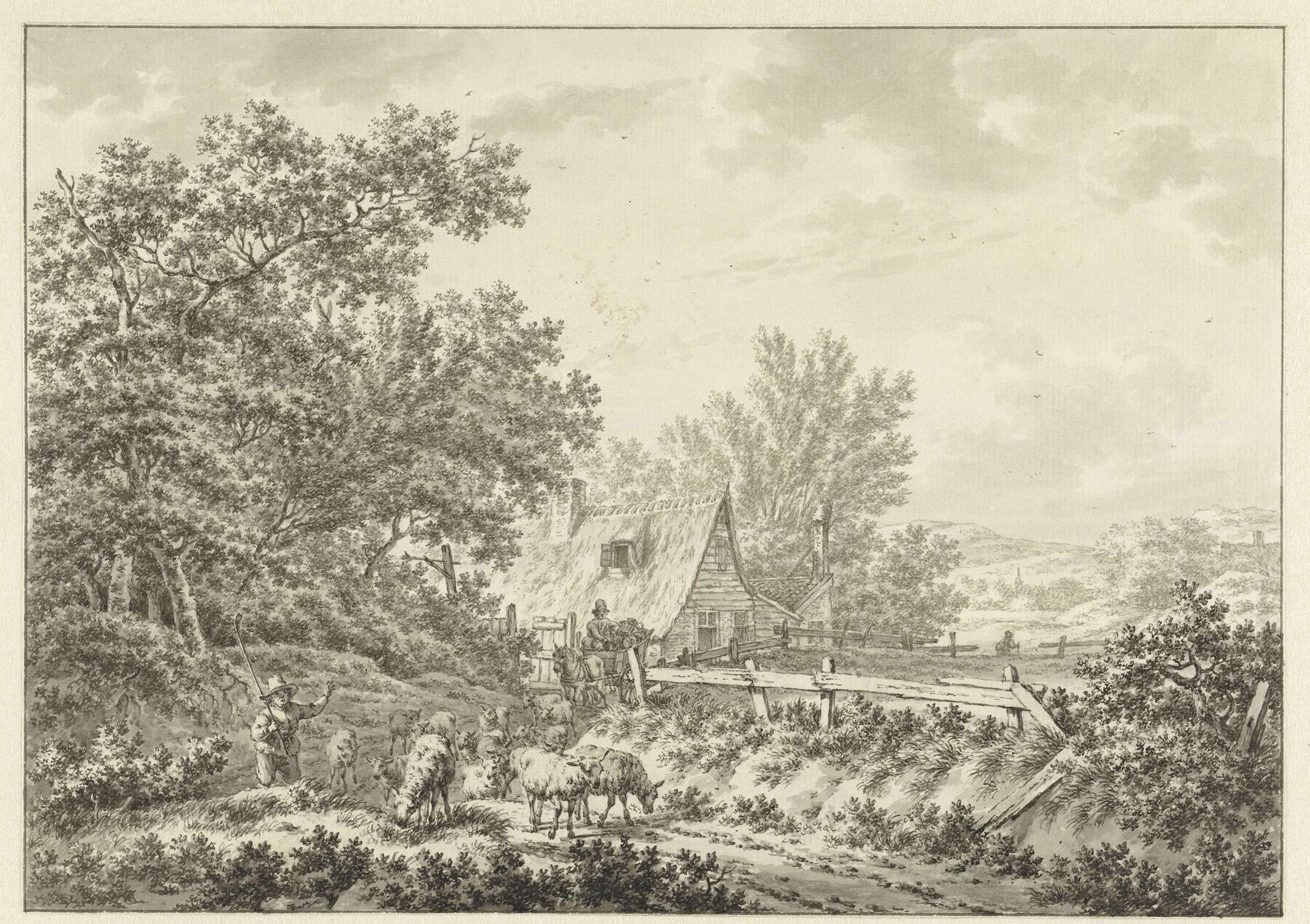 Zomerlandschap met schapenherder bij boerderij by Jacob Cats