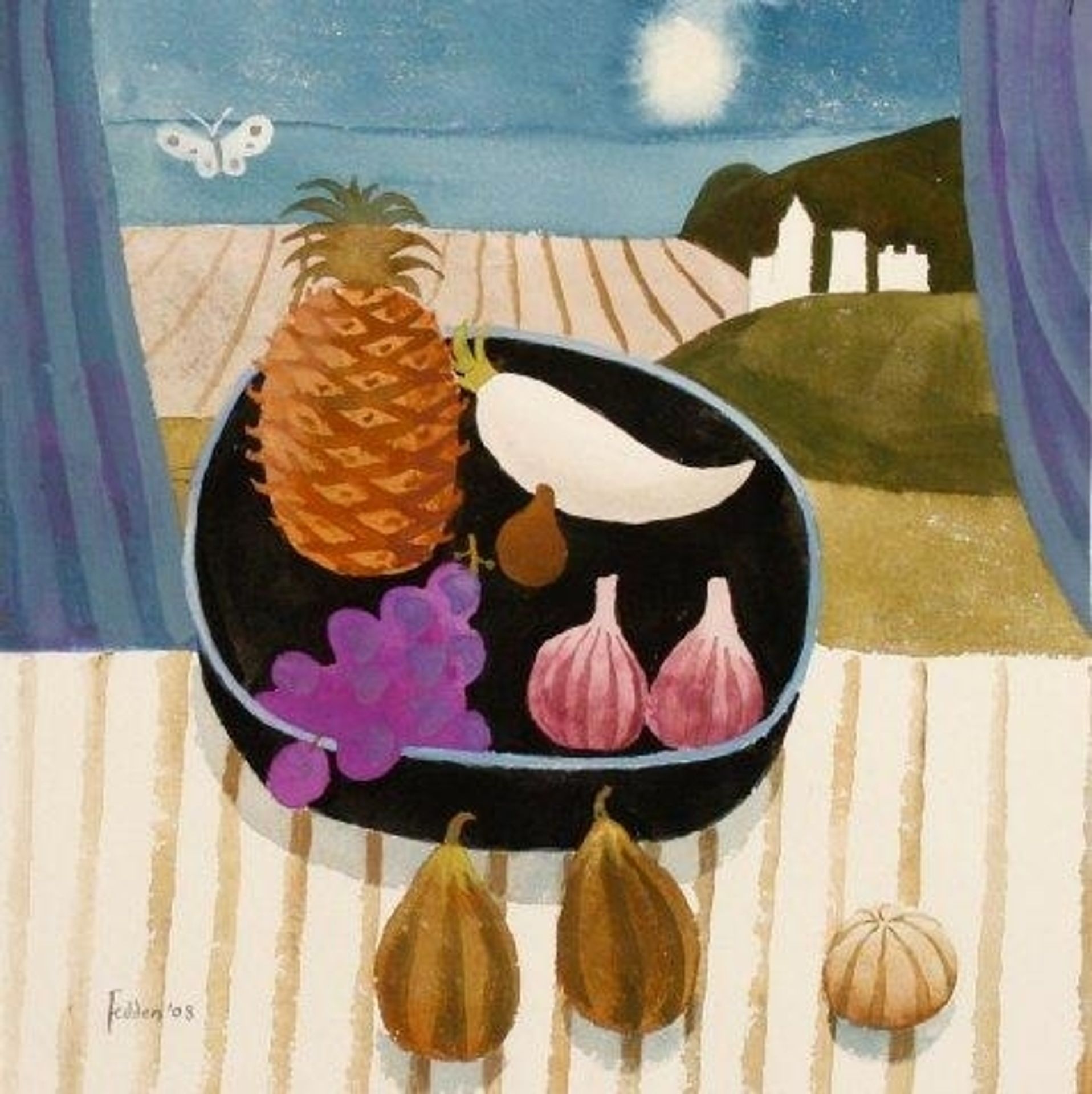 Still life with pineapple and butterfly by Mary Fedden