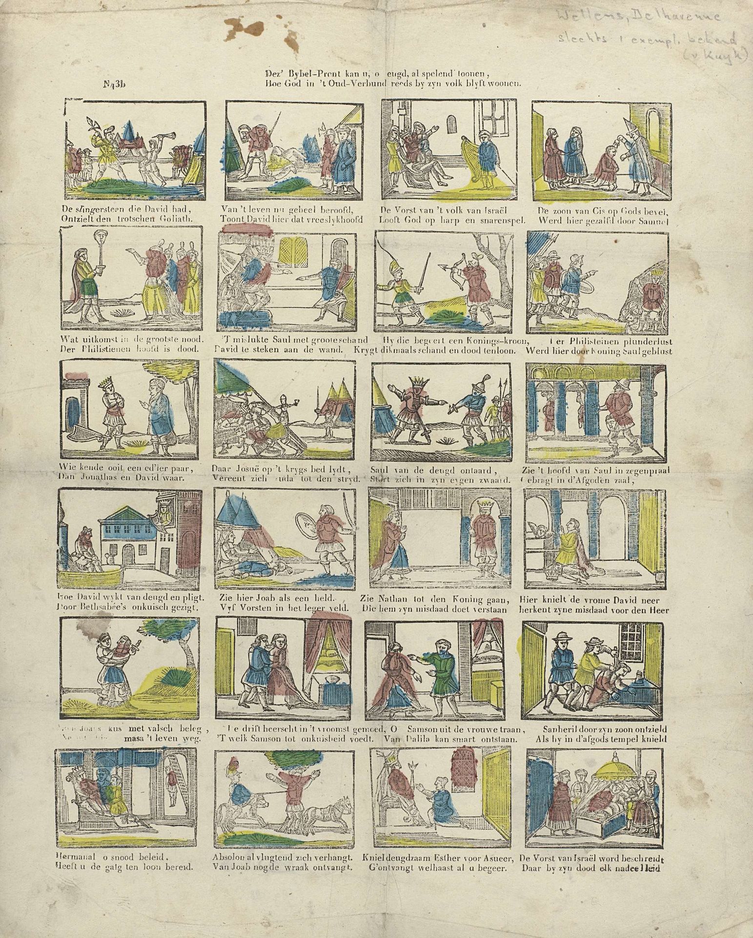 Dez' Bybel-prent kan u, o jeugd, al spelend toonen, / hoe God in 't oud-verbund reeds by zyn volk blyft woonen by Delhuvenne & Co. Wellens