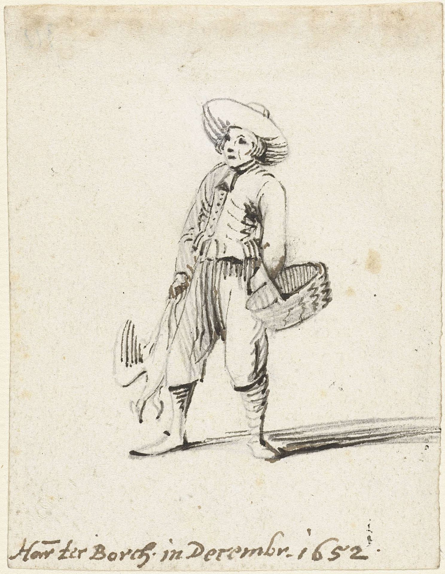 Jongeman met mand en een paar vogels, naar links by Harmen ter Borch