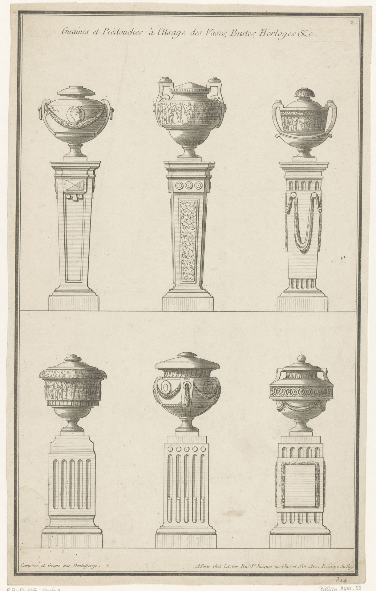Vazen op hoge voetstukken by Jean François de Neufforge