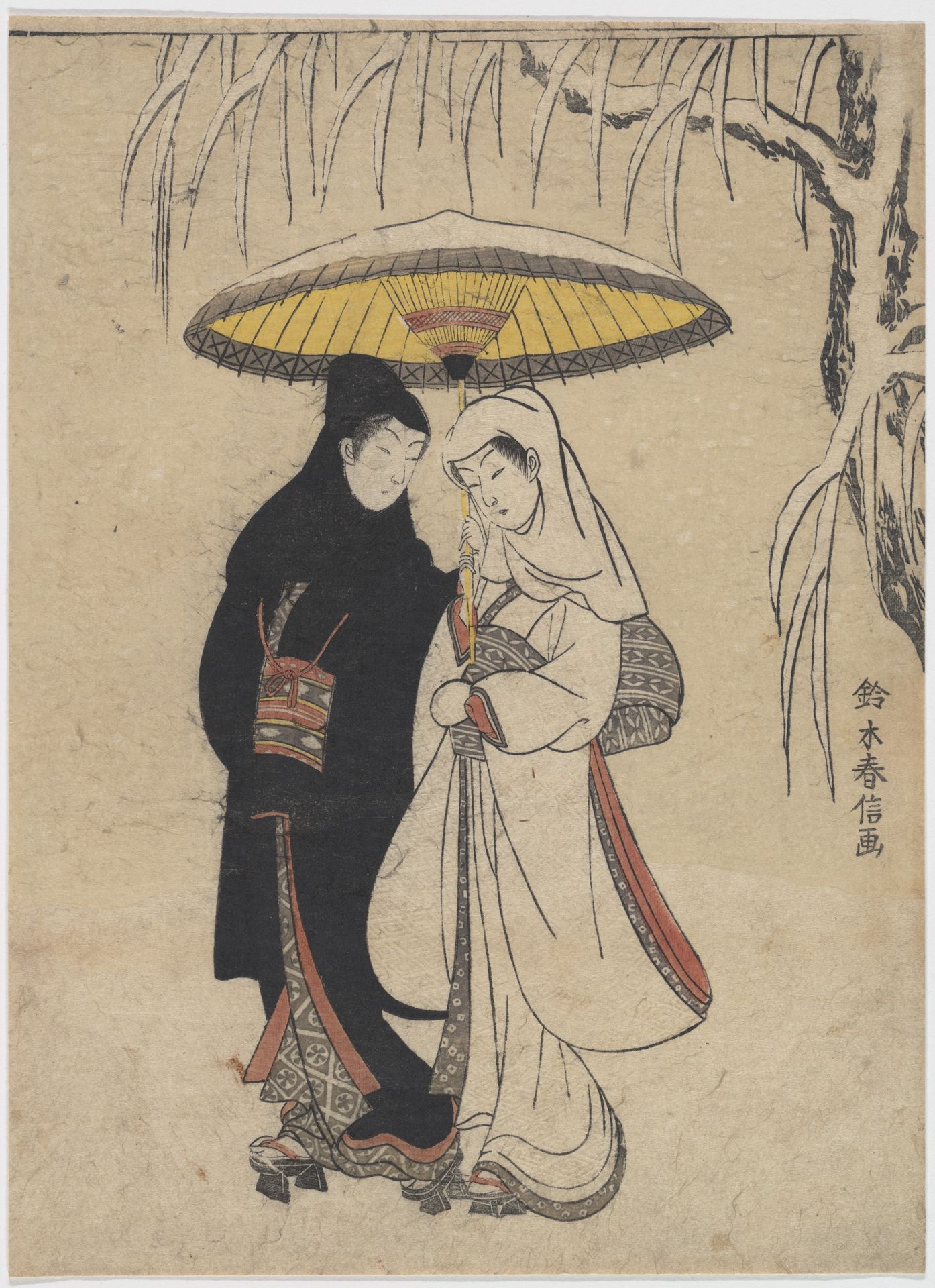 Young Lovers Walking Together under an Umbrella in a Snow Storm (Crow and Heron) by Suzuki Harunobu 鈴木春信
