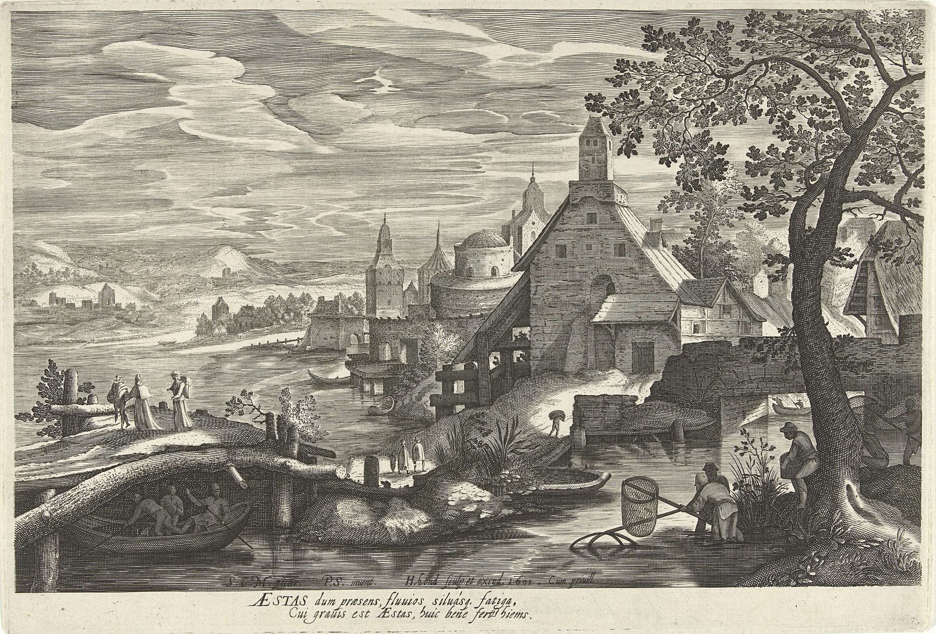Zomer, een landschap met vissers by Hendrick Hondius I