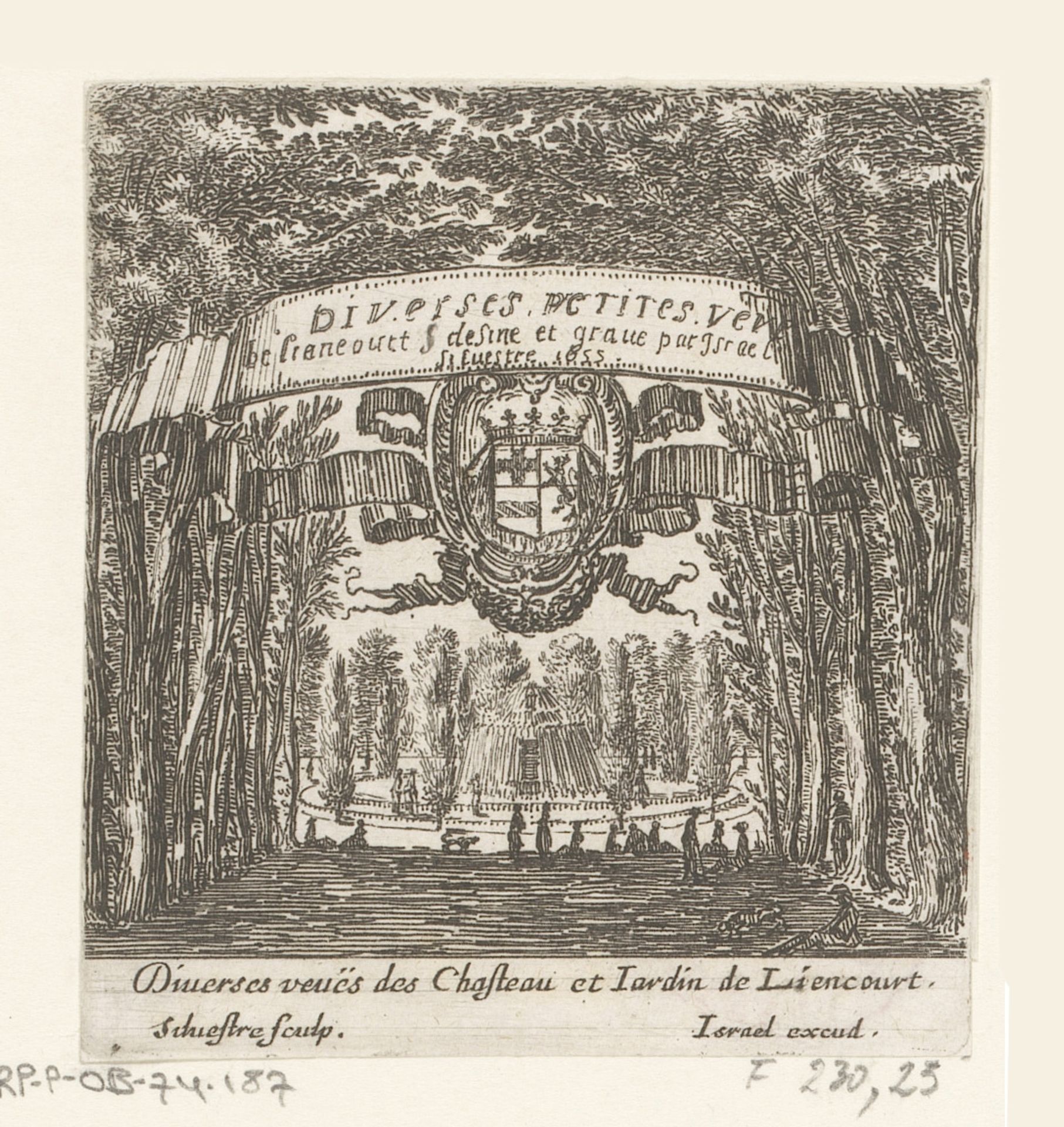Titelprent met gezicht op fontein vanuit haag van bomen by Israel Silvestre