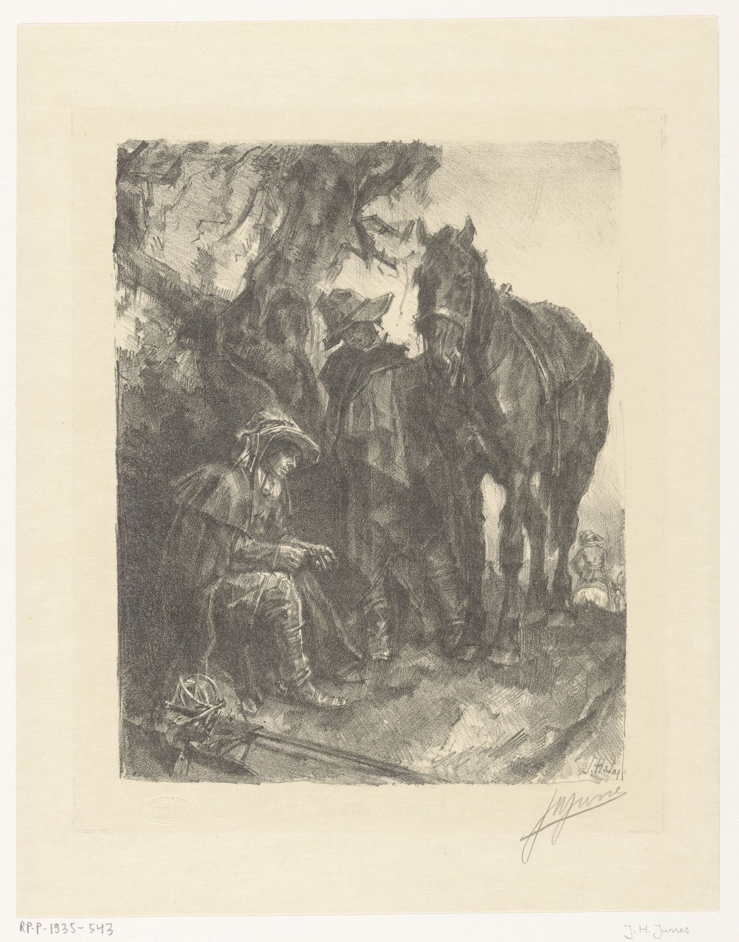 Staande en zittende man bij een gezadeld paard by Johannes Hendricus Jurres