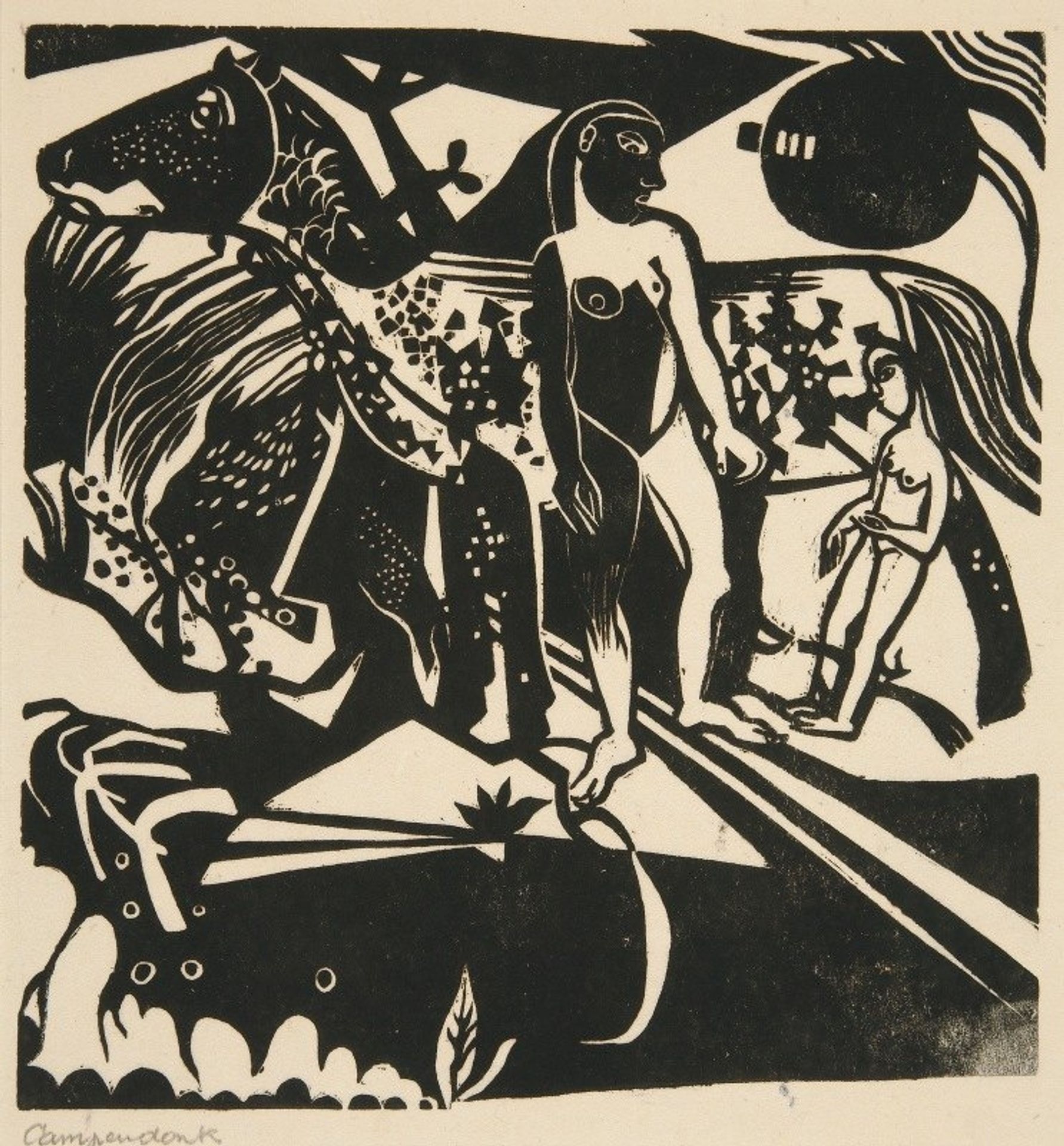 Two Nudes with Horse by Heinrich Campendonk