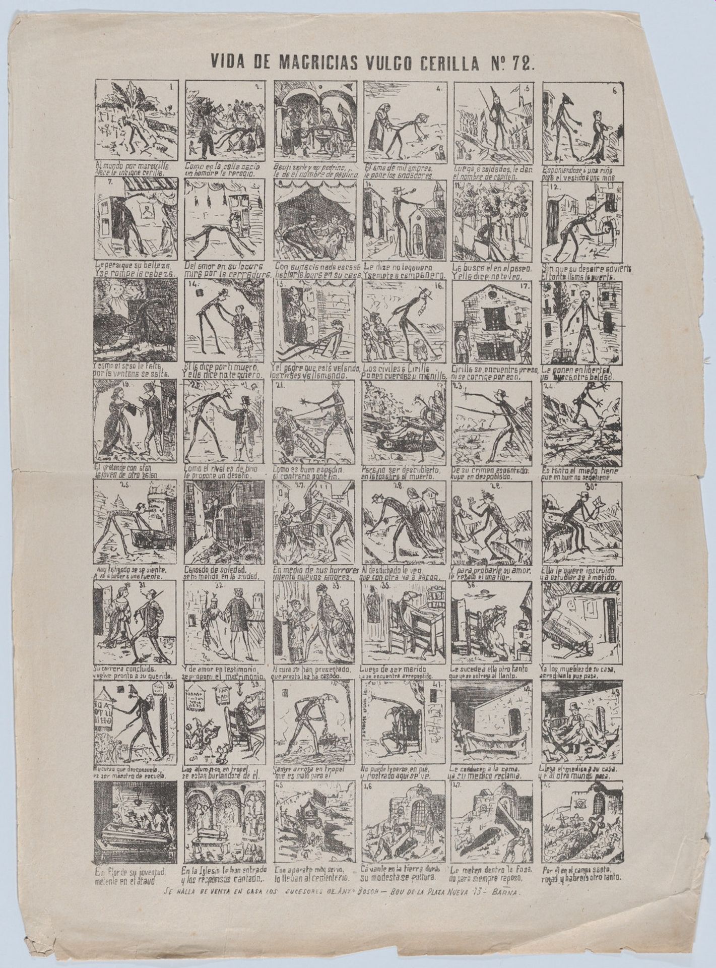 Broadside with 48 scenes depicting the life of Mr Thin by Antonio Bosch