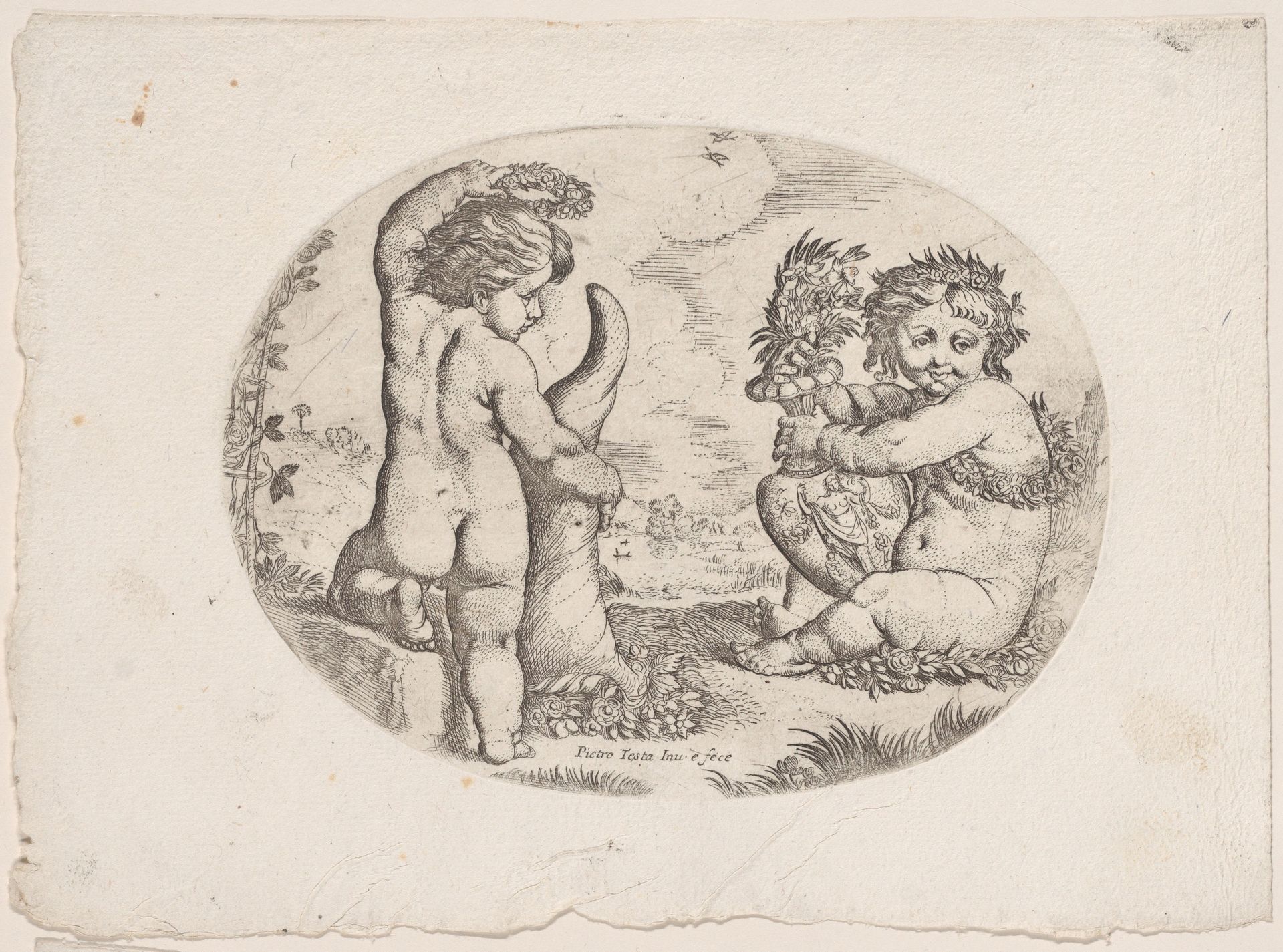 Putto at left holding an upturned cornucopia and a garland, another seated at the right holding an urn, an allegory of the seasons (Autumn), an oval composition by Anonymous