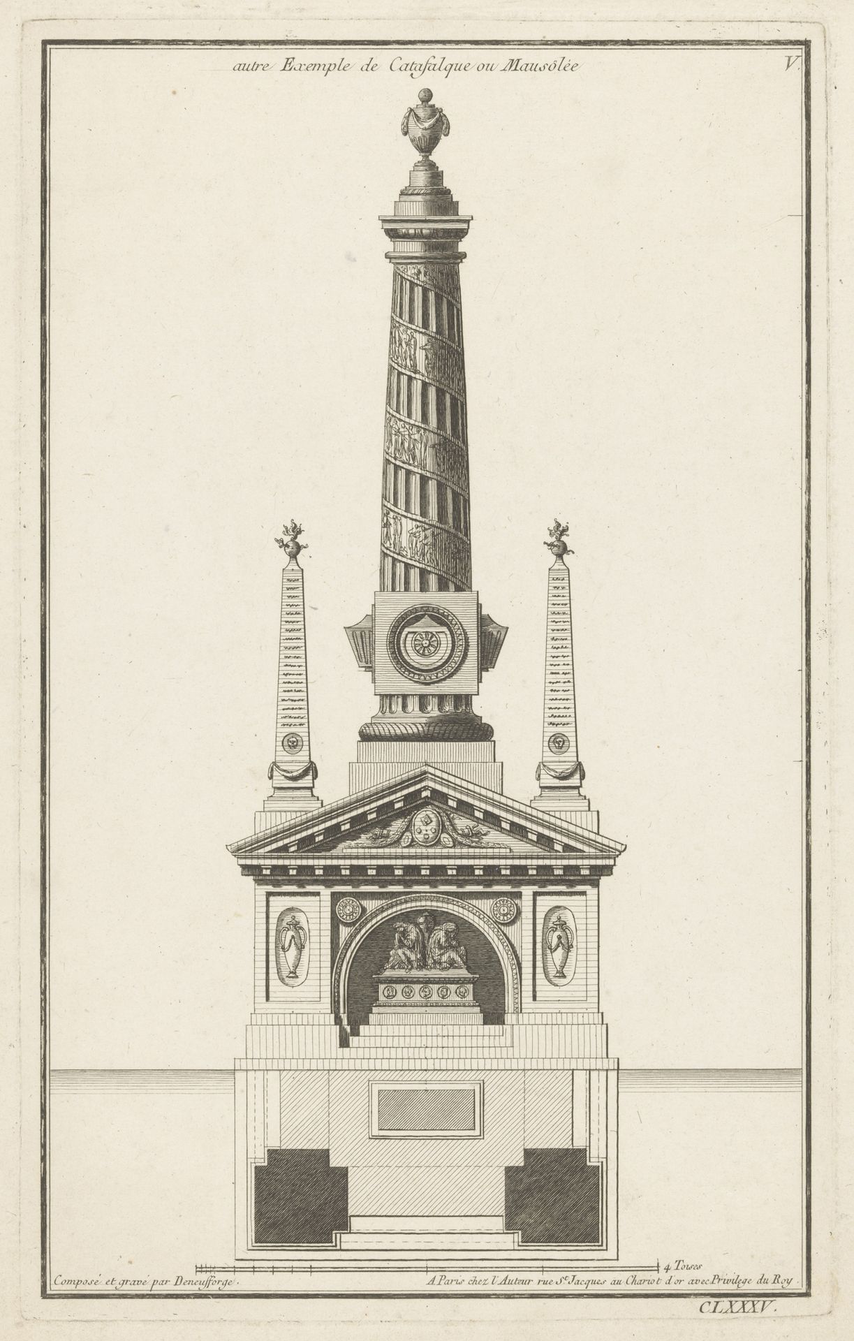 Katafalk met obelisken by Jean François de Neufforge