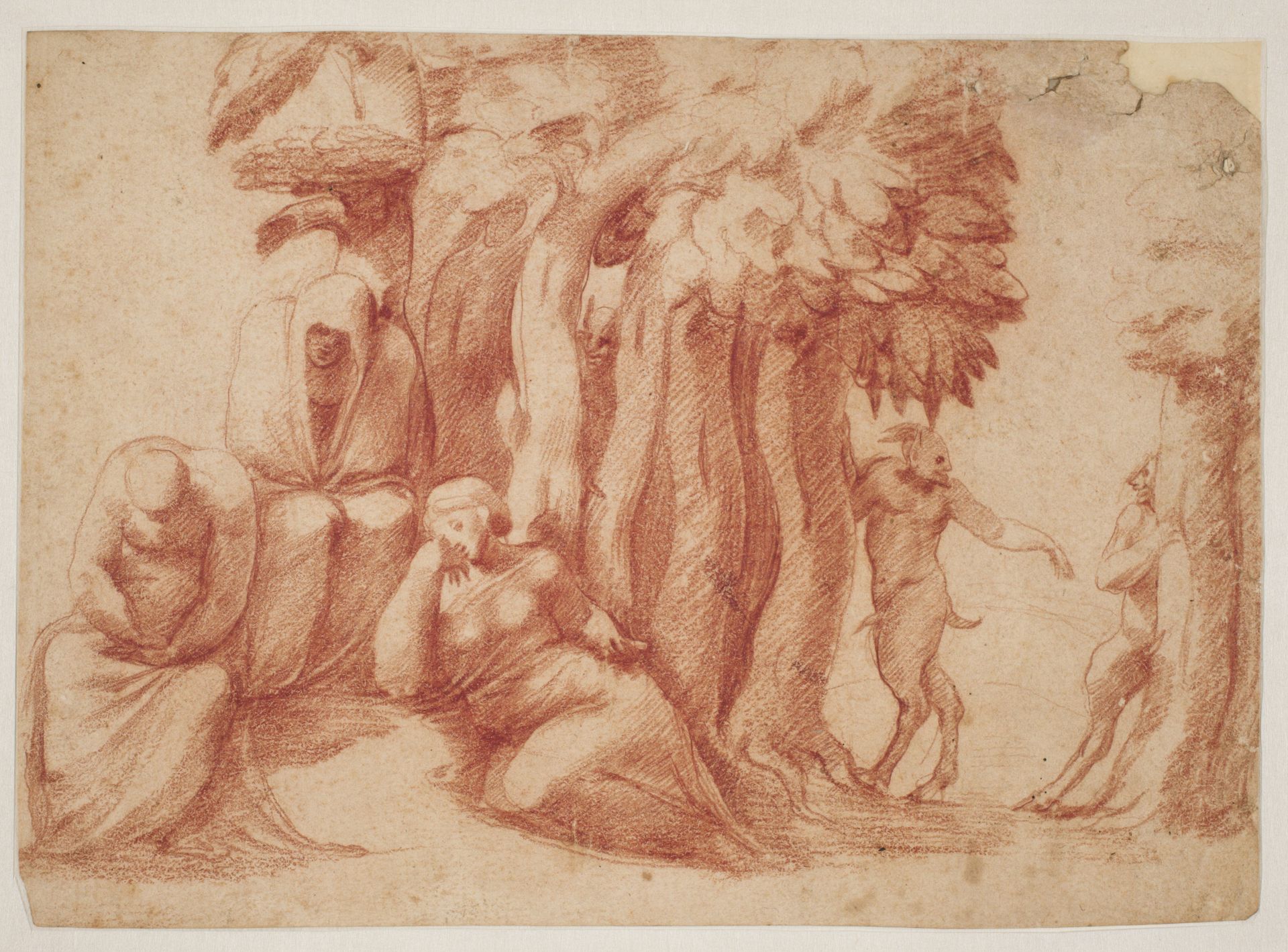 Three nymphs in a grove spied upon by three satyrs by Pirro Ligorio