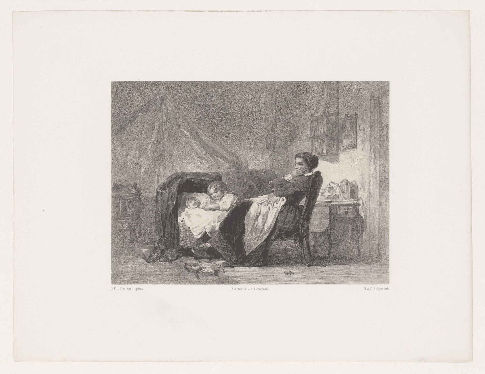 Huismoeder met twee kinderen by Hendrik Adriaan Christiaan Dekker